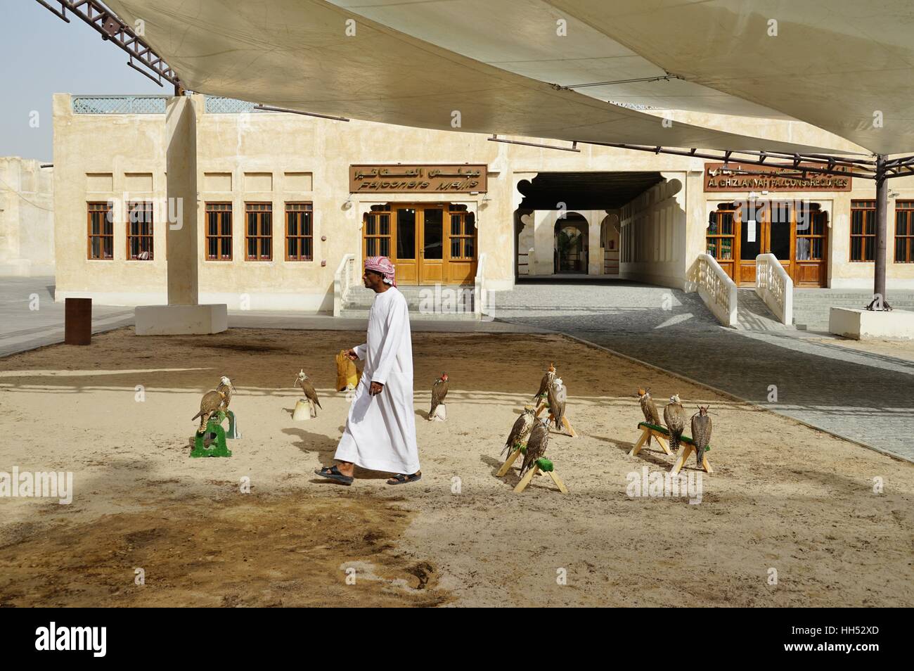 Located in the center of Doha, the Falcon Souq is a market selling live falcon birds and falconry equipment Stock Photo