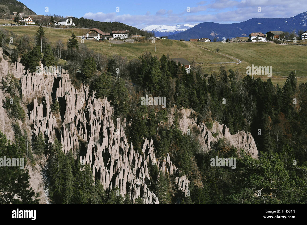 View to Ritten, South Tyrol, Italy, Earth Pyramids Stock Photo