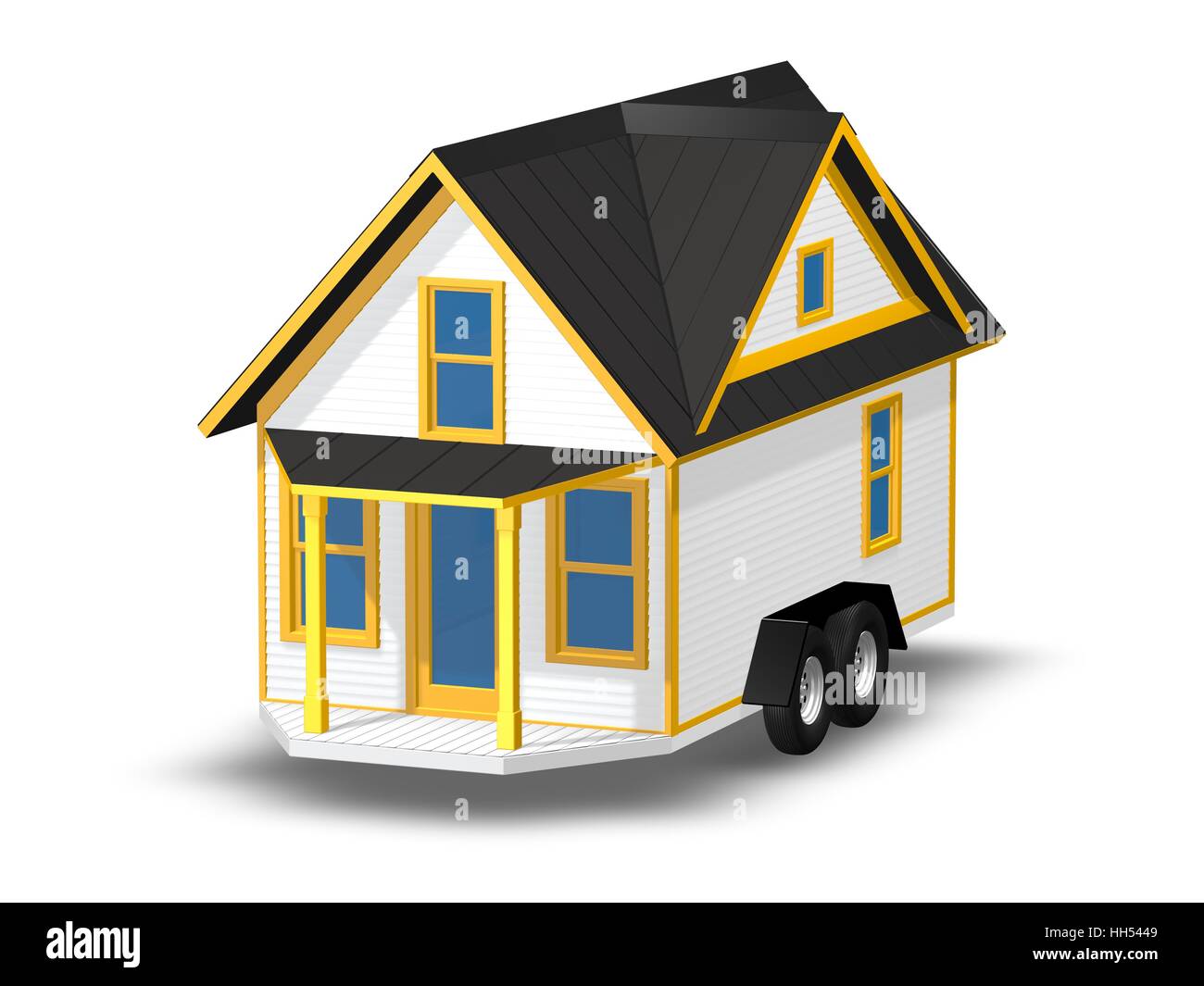 3D Rendered Illustration of a tiny house on a trailer.  House is isolated on a white background. Stock Photo