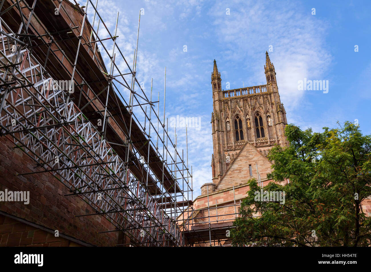The Worcester Cathedral and scaffolding in Worcester, Worcestershire, West Midlands, England, UK. Stock Photo