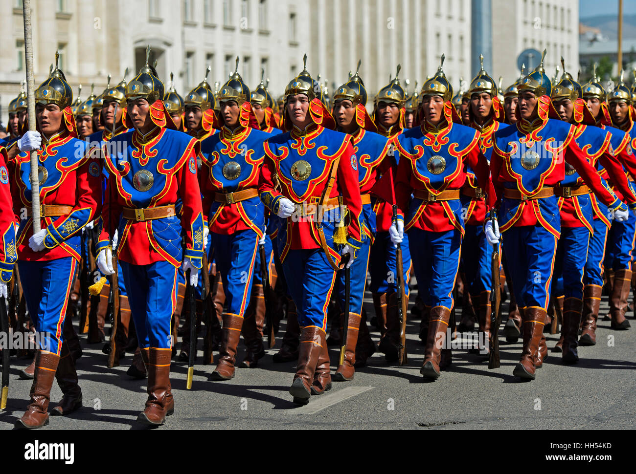Parade of the Mongolian Armed Forces Honorary Guard in traditional uniform, Ulaanbaatar, Mongolia Stock Photo