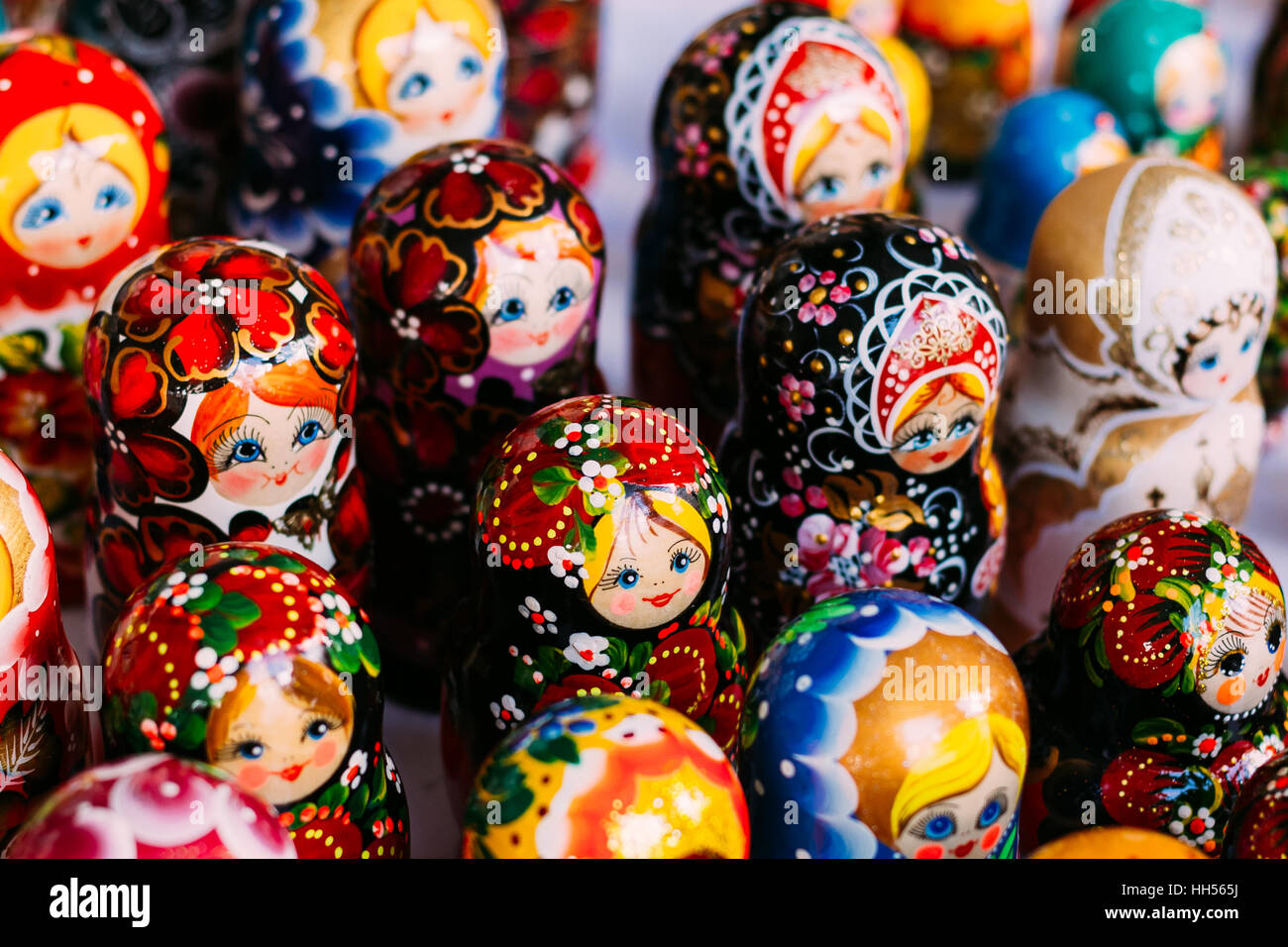 Beautiful Colorful Russian Nesting Dolls Matreshka At Market