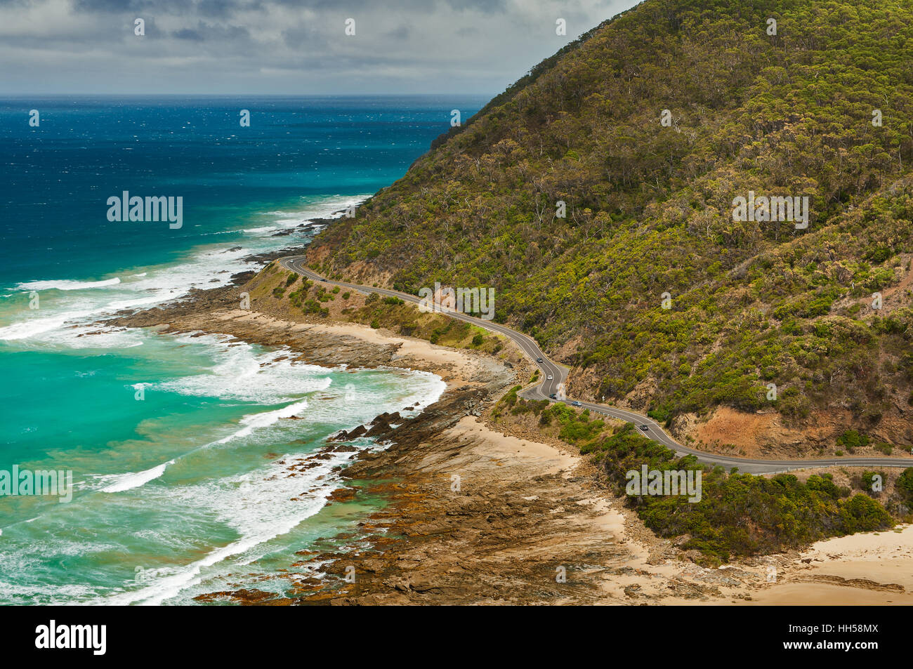 Famous Great Ocean Road winding along the coastline of Victoria. Stock Photo