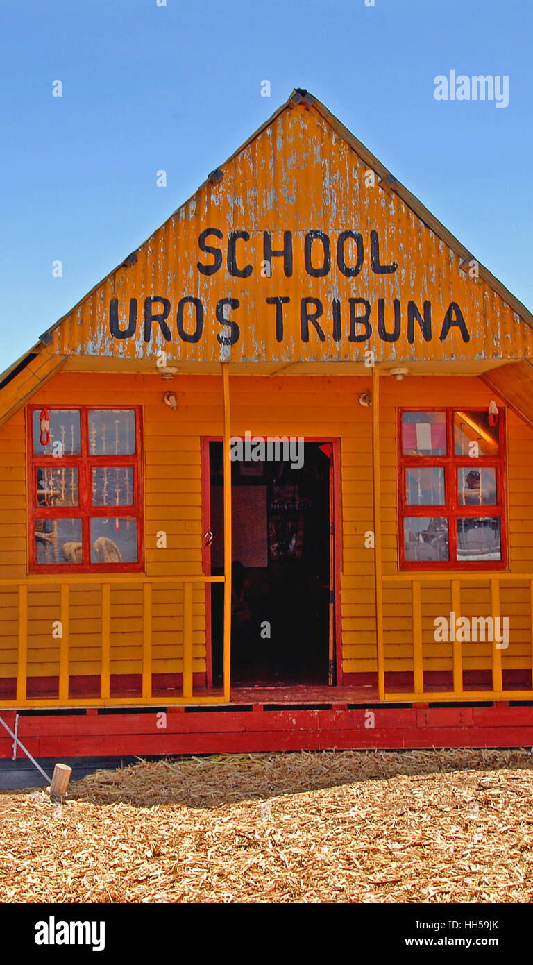 A community floating school on one of the Uros floating Islands on Lake Titicaca in Peru. Stock Photo