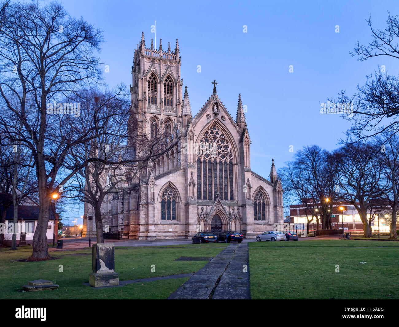 The Minster Church of St George at dusk built 1854-8 by Sir George Gilbert Scott Doncaster South Yorkshire England Stock Photo