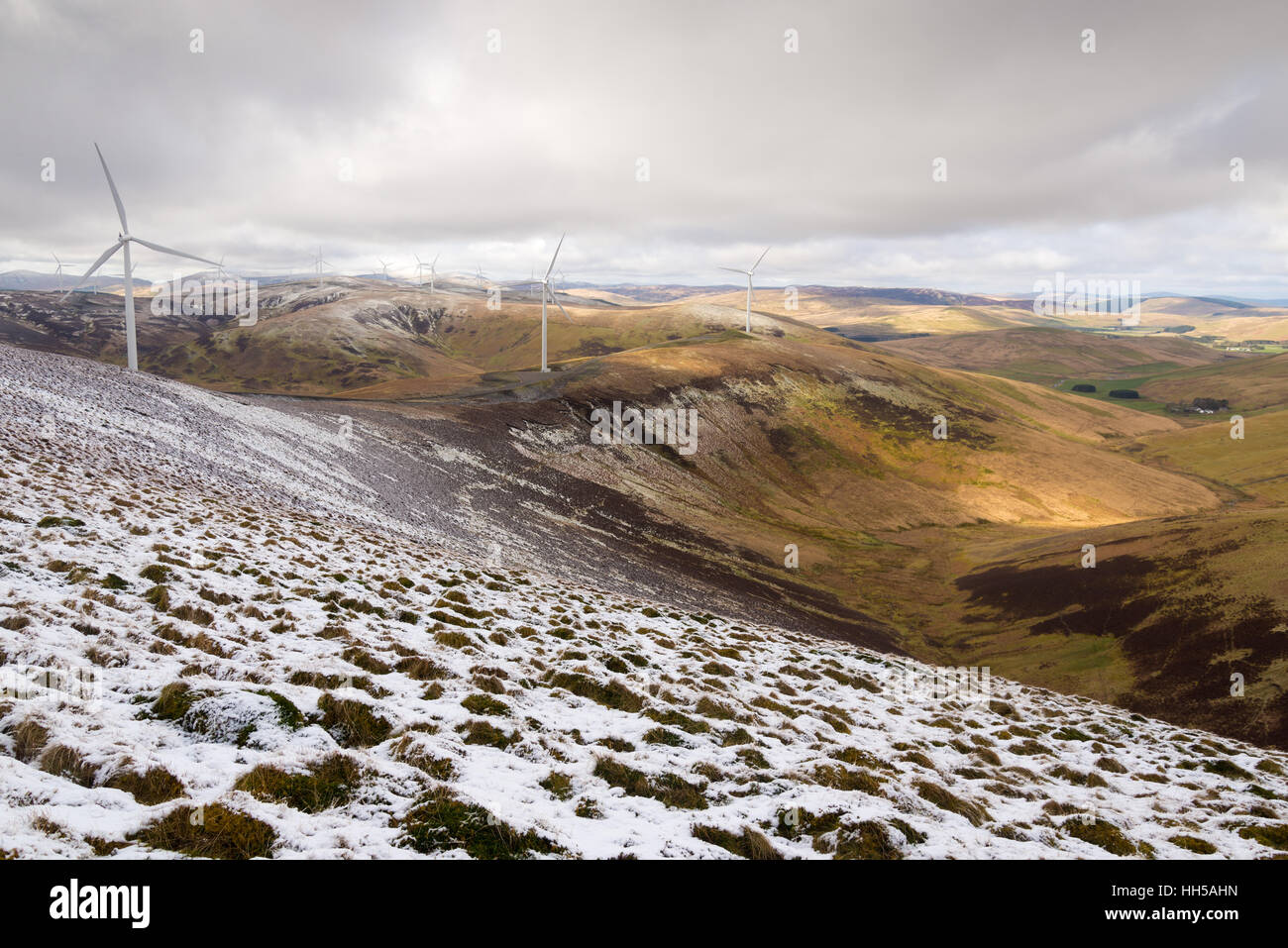 SSE Clyde windfarm in winter from mid hill, crawford, south lanarkshire