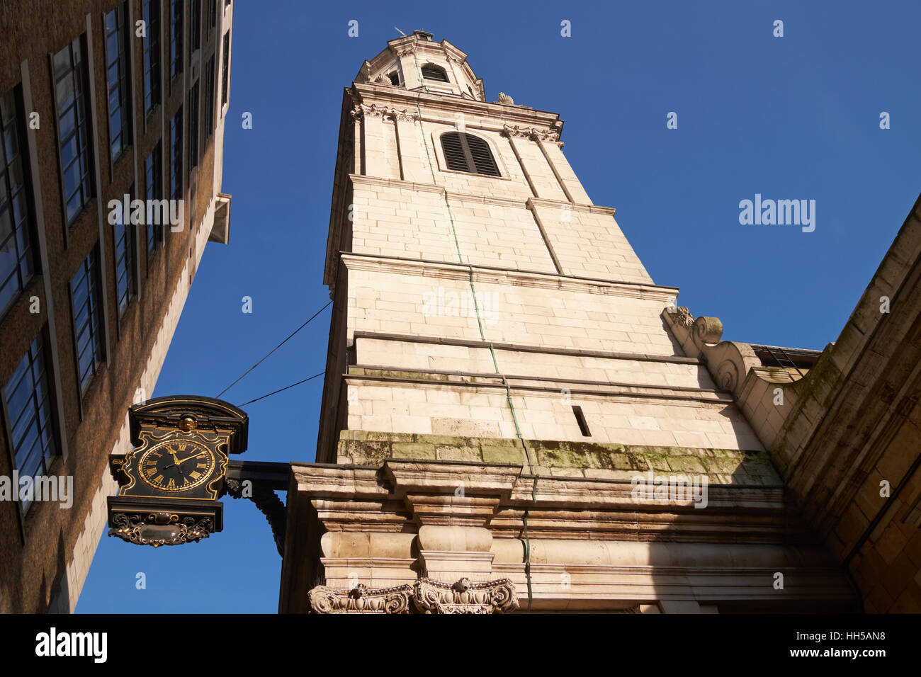 Tower and clock of St Magnus the Martyr church, Lower Thames St, London, UK. Stock Photo