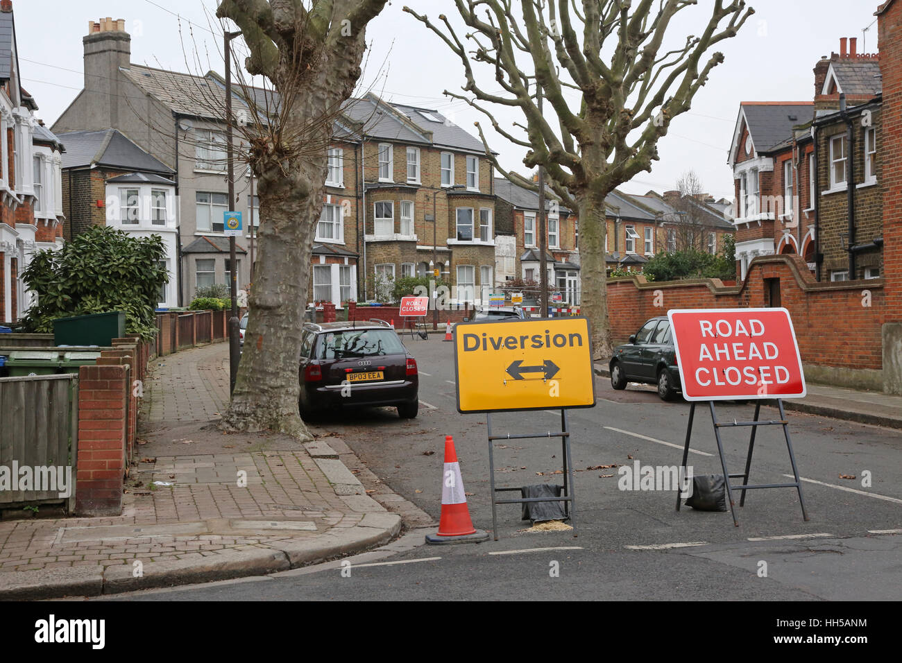 Road closure in a south London residential street to allow water main and sewer repairs by supplier Thames Water. UK Stock Photo