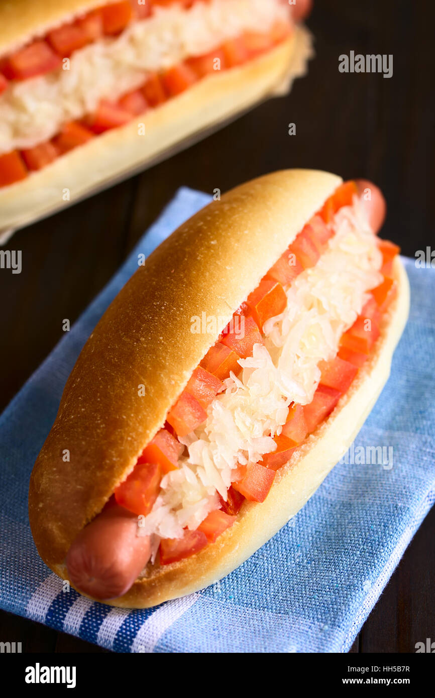 Chilean Completo Clasico (classical) or Aleman (German) traditional hot dog sandwiches tomato and sauerkraut Stock Photo