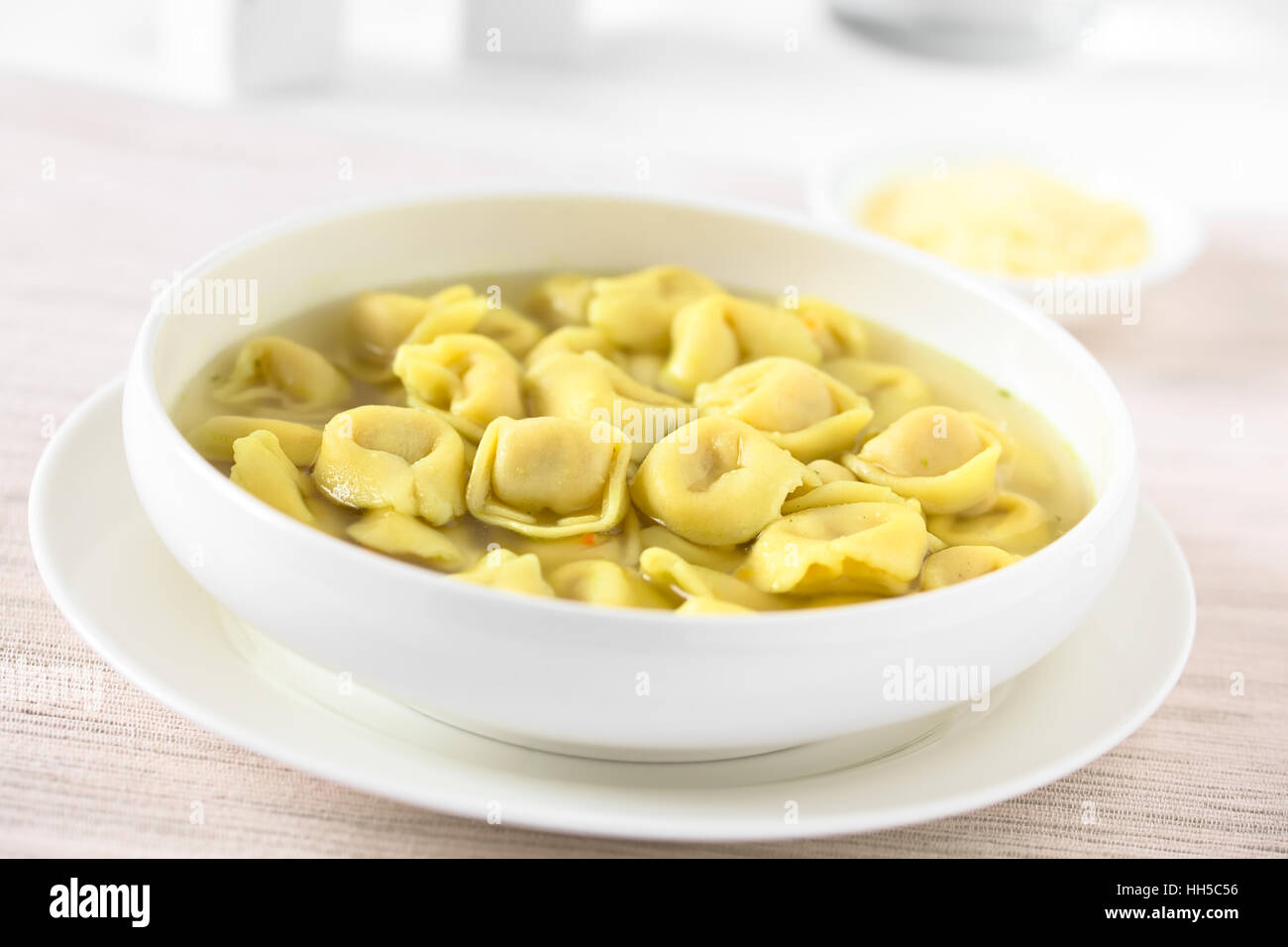 Traditional Italian Tortellini in Brodo (broth) soup, photographed with natural light (Selective