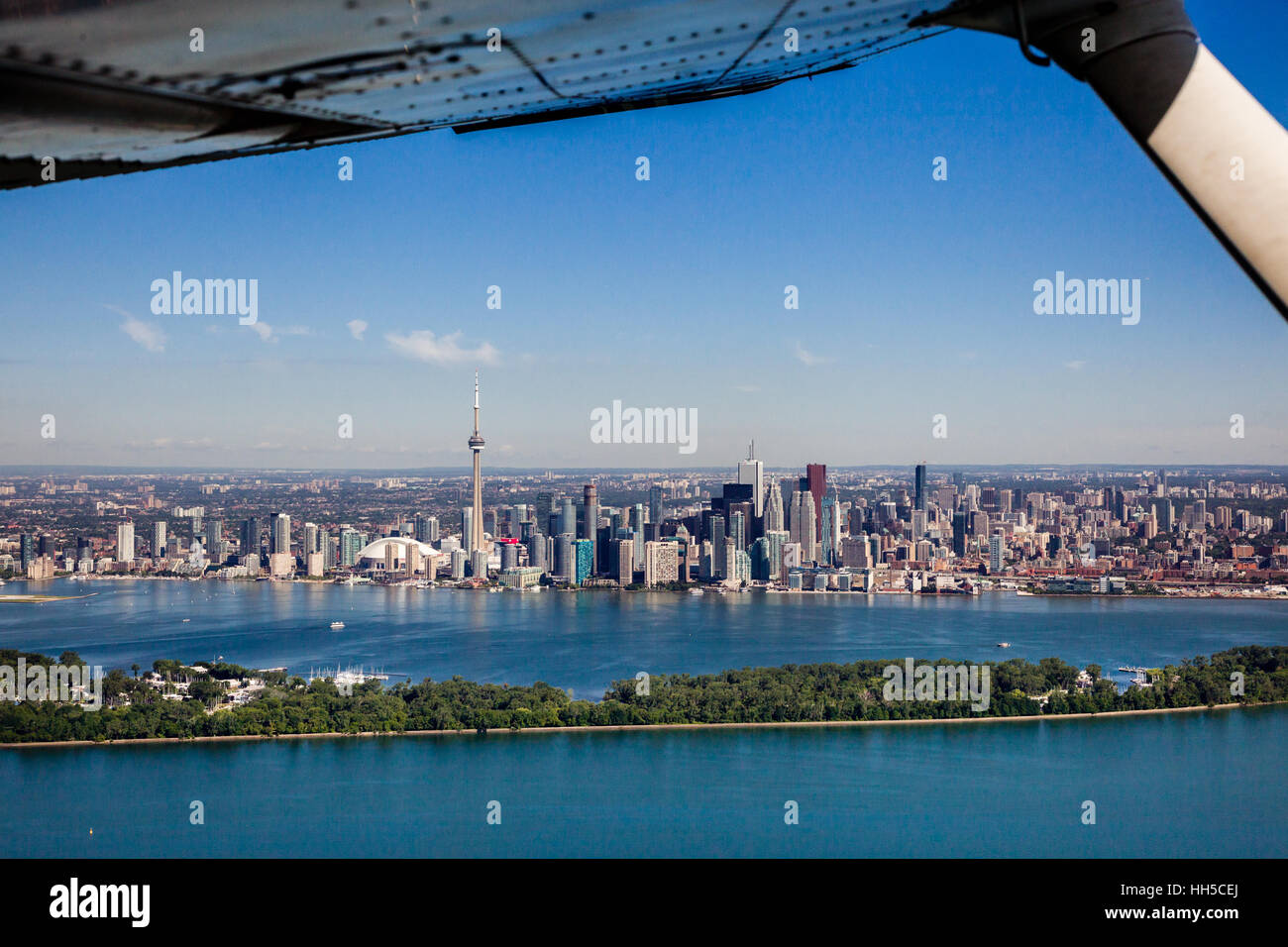 An Aerial view of Toronto City Centre with the islands forming the harbour. Stock Photo