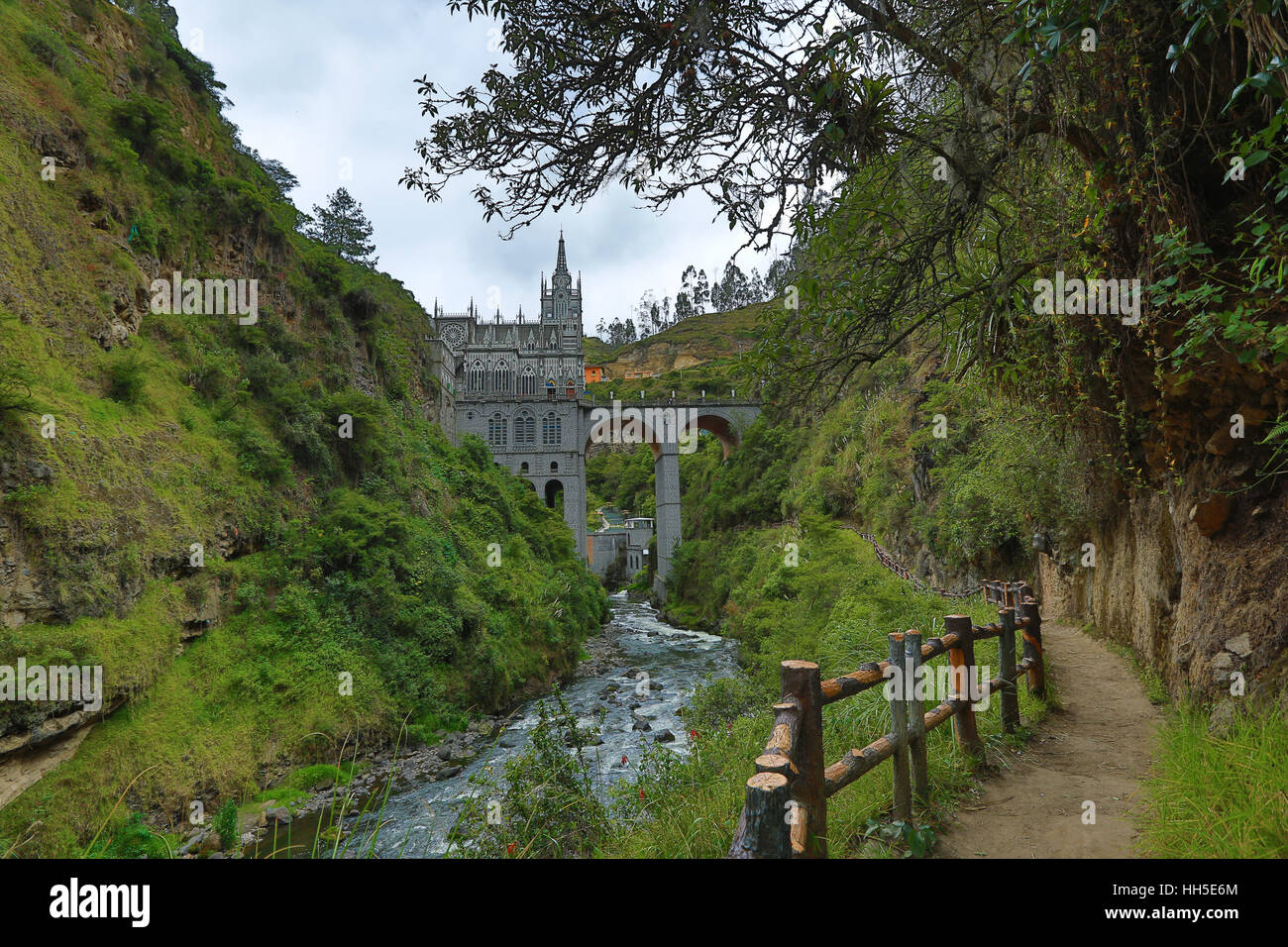 the Las Lajas sanctuary seen from the hiking path in the valley beneath Stock Photo