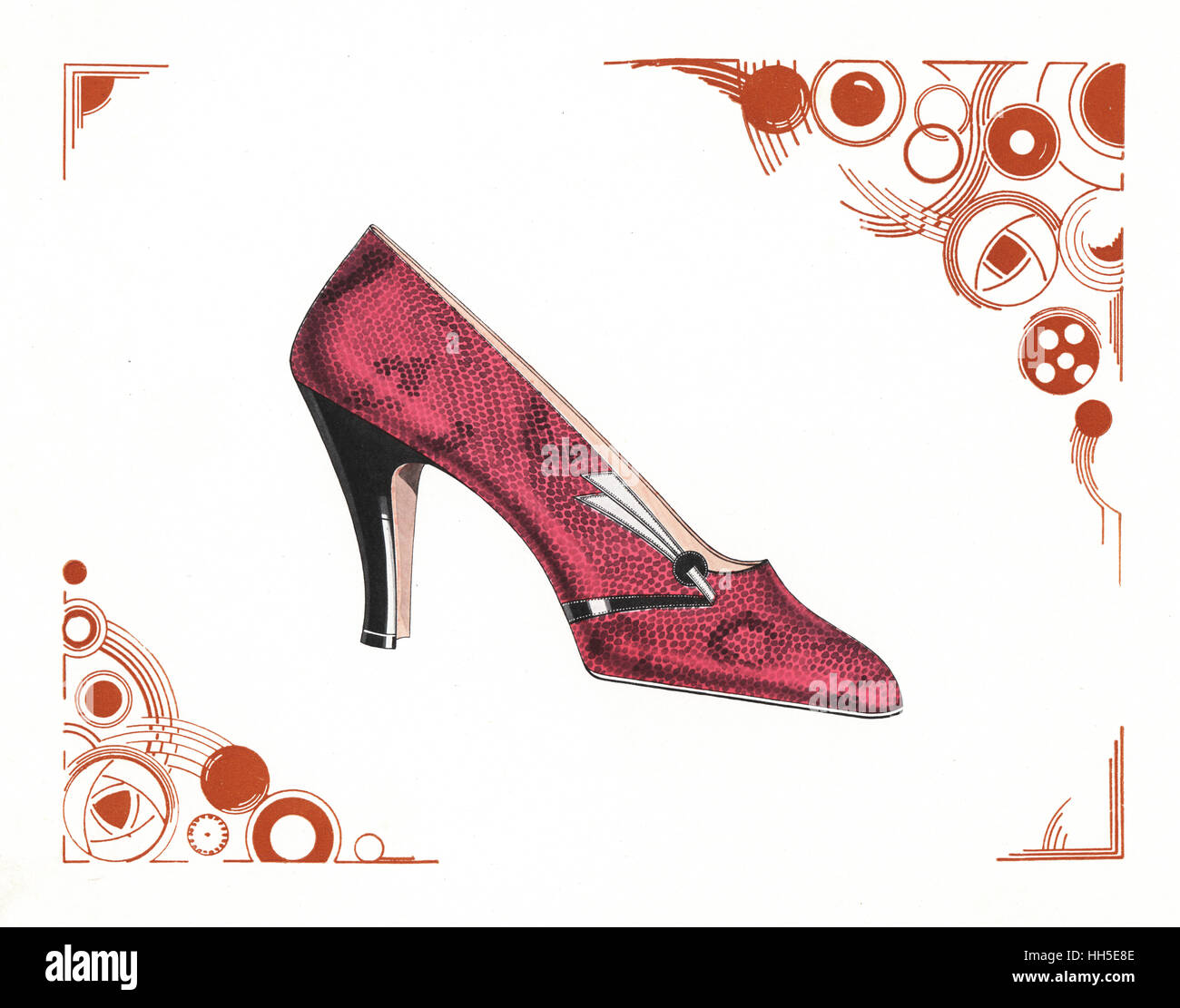 Woman's shoe design in pink snakeskin leather within an art deco abstract border. Chromolithograph from Andre Camy's La Chaussure d'Art, The Art Shoe, August-September, Paris, 1930. Stock Photo