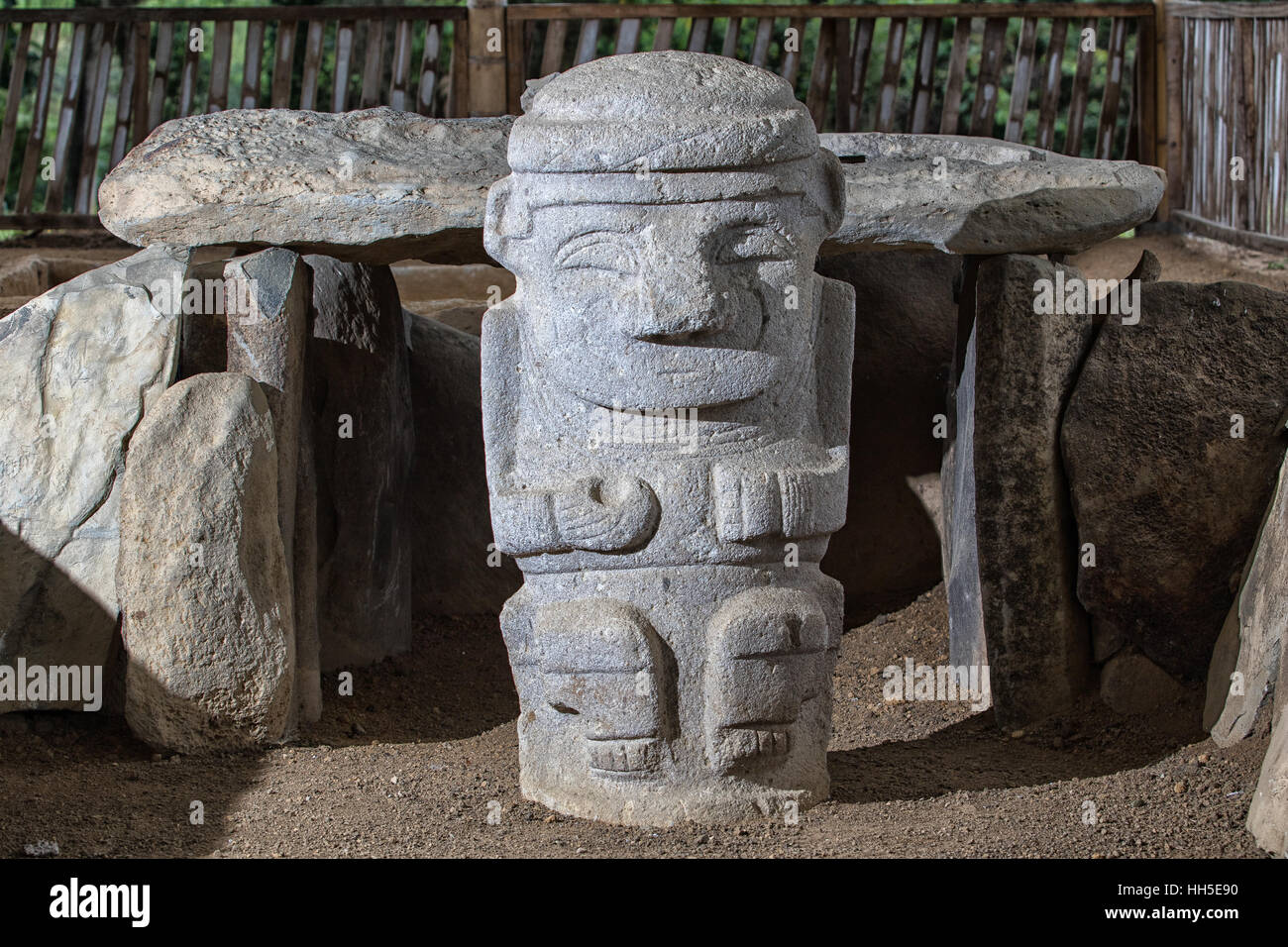 pre-columbian stone statue closeup details in Altos de los Idolos archaeology site in Colombia Stock Photo