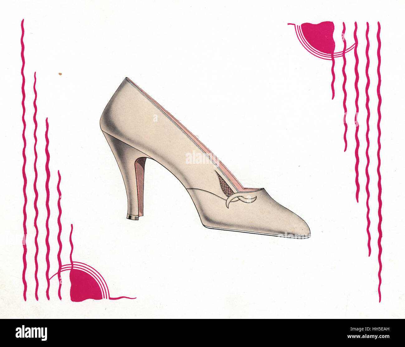 Woman's highheel shoe design in beige leather within abstract art deco border. Chromolithograph