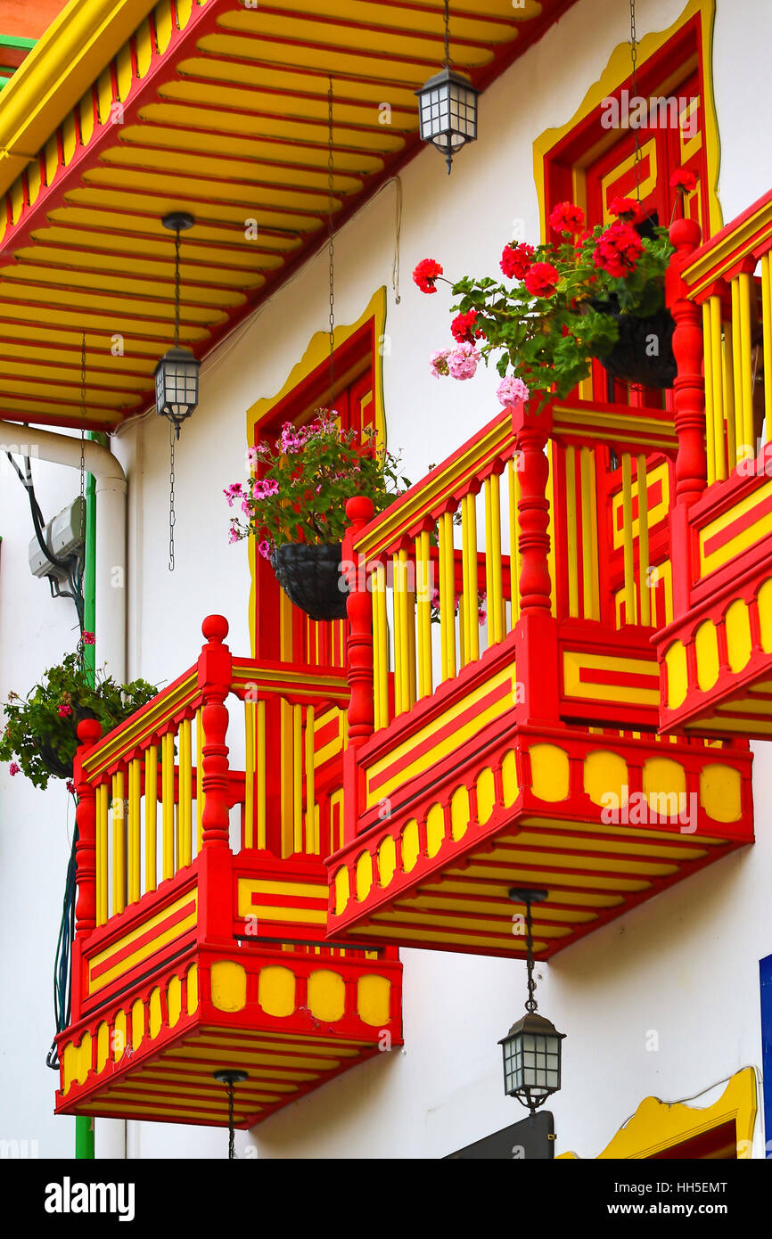 brightly coloured balcones in Salento Colombia Stock Photo - Alamy