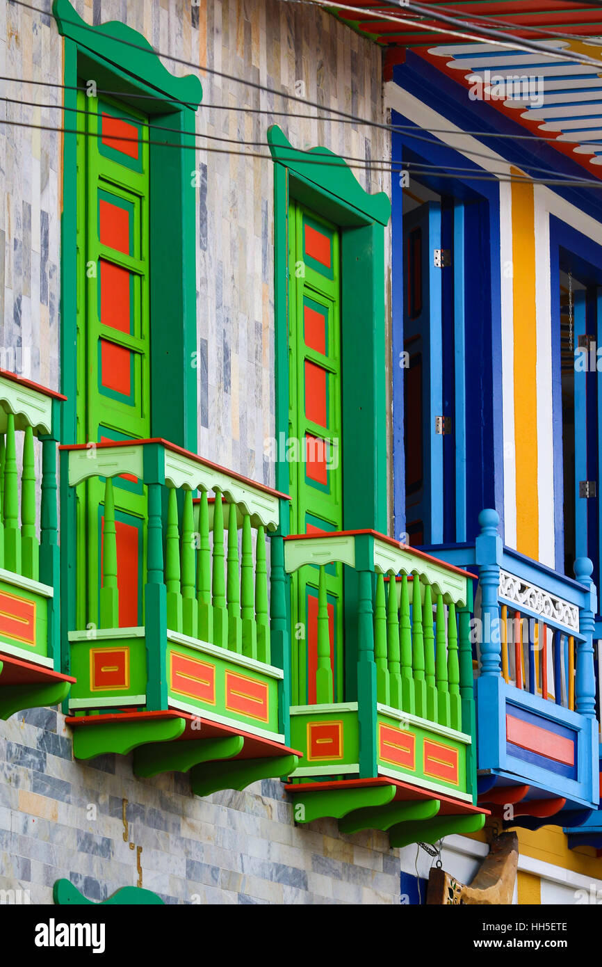 Brightly colored balconies in a coffee producing region, Salento Colombia Stock Photo