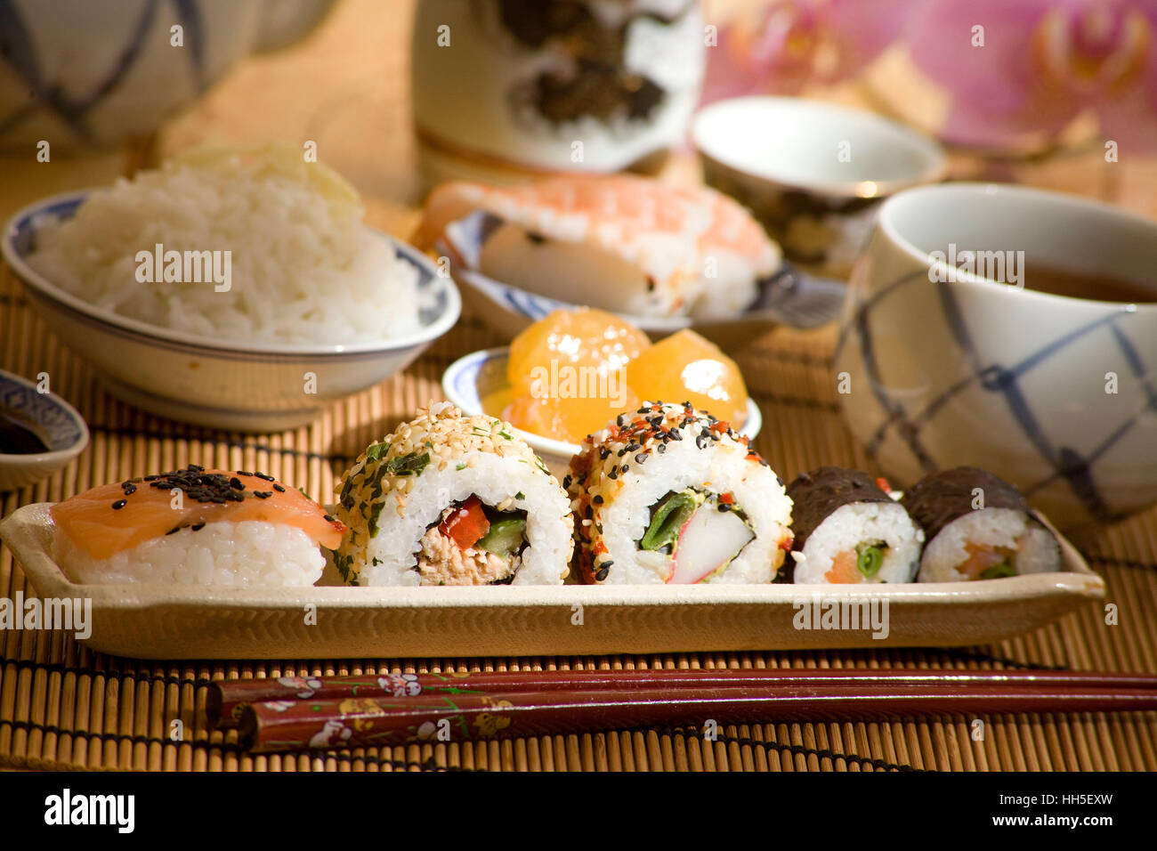 a selection of sushi rice and tea Stock Photo - Alamy