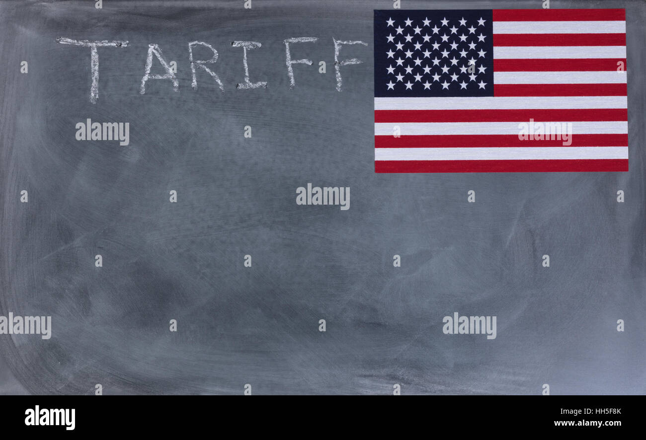 Chalkboard with USA flag and tariff writing Stock Photo Alamy