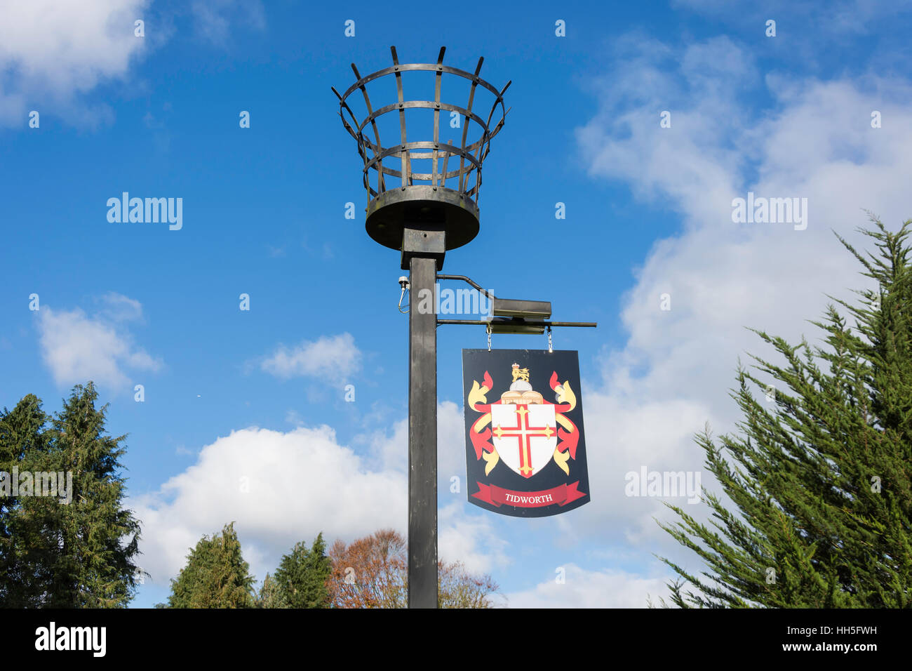 Fire Beacon with town sign, Tidworth, Wiltshire, England, United Kingdom Stock Photo