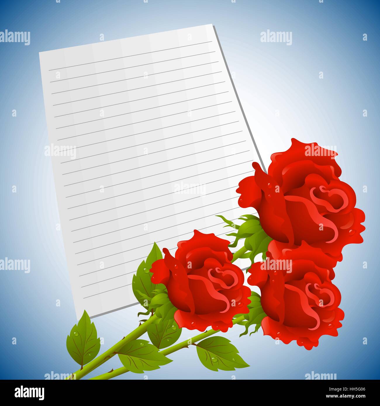 Greeting or invitation card with bouquet of red roses and sheet paper