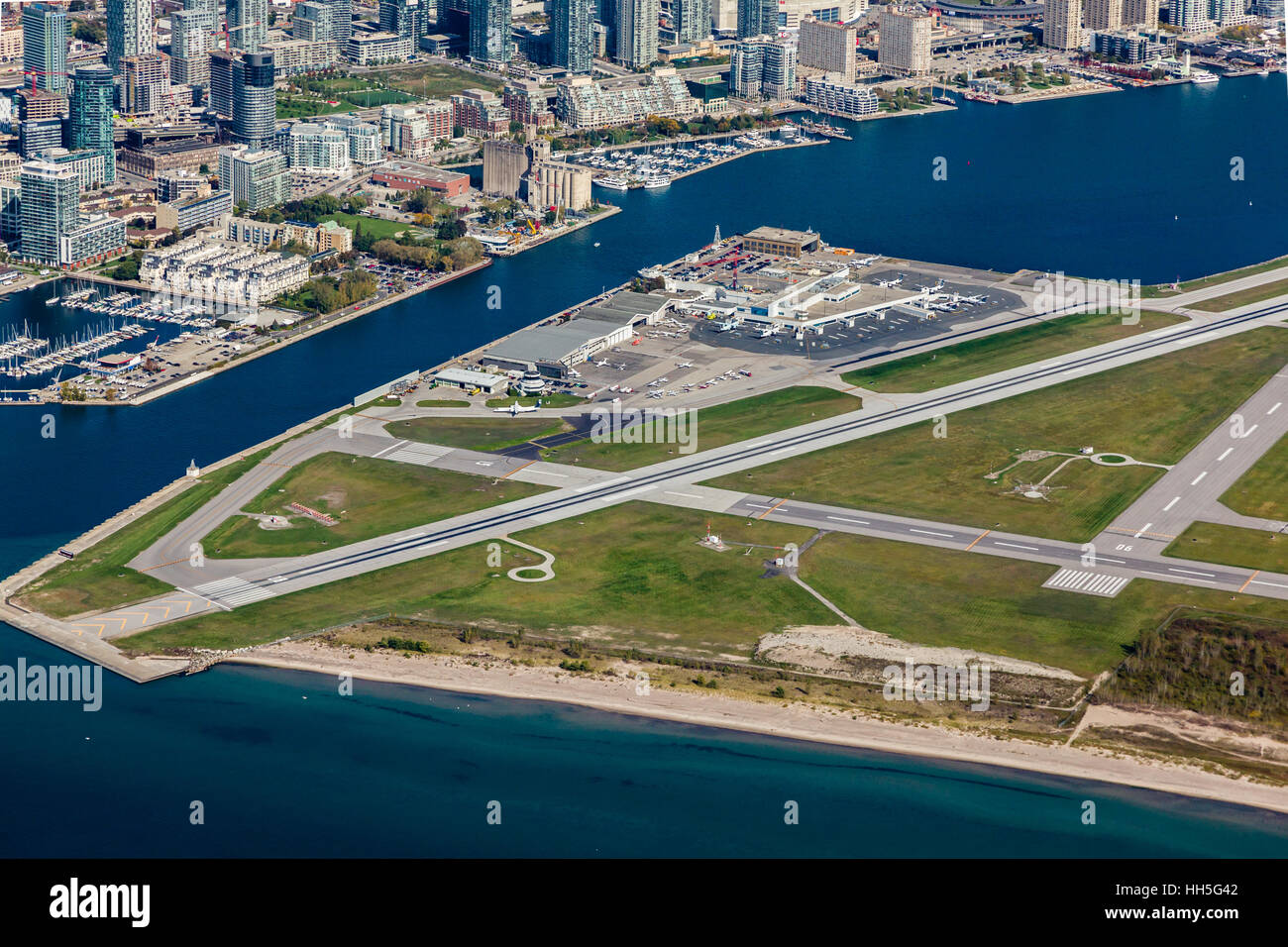 An Aerial view from the south-west of Billy Bishop Airport, Toronto. Stock Photo