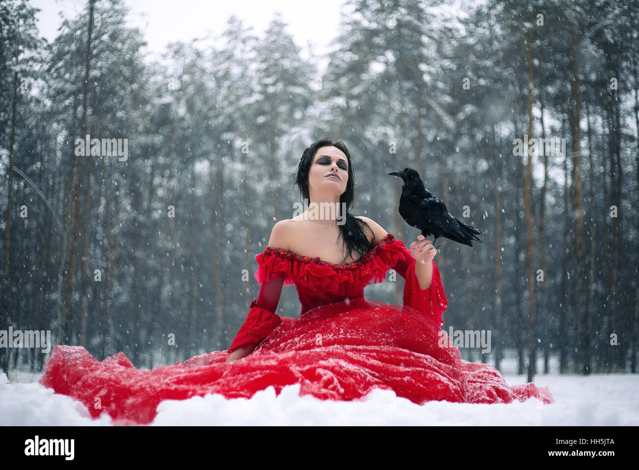 Woman witch in red dress with raven in hand sits on snow in forest.Her long  dress lying on snow, and snowflakes fall on dress Stock Photo - Alamy