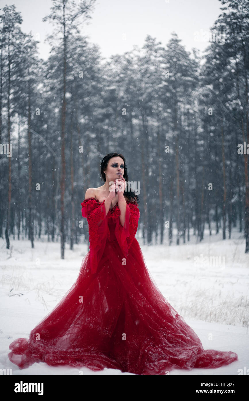 Girl in a red dress in snowy forest. Her long dress lying on snow, and she  looks thoughtfully. Snowflakes falling on her dress Stock Photo - Alamy