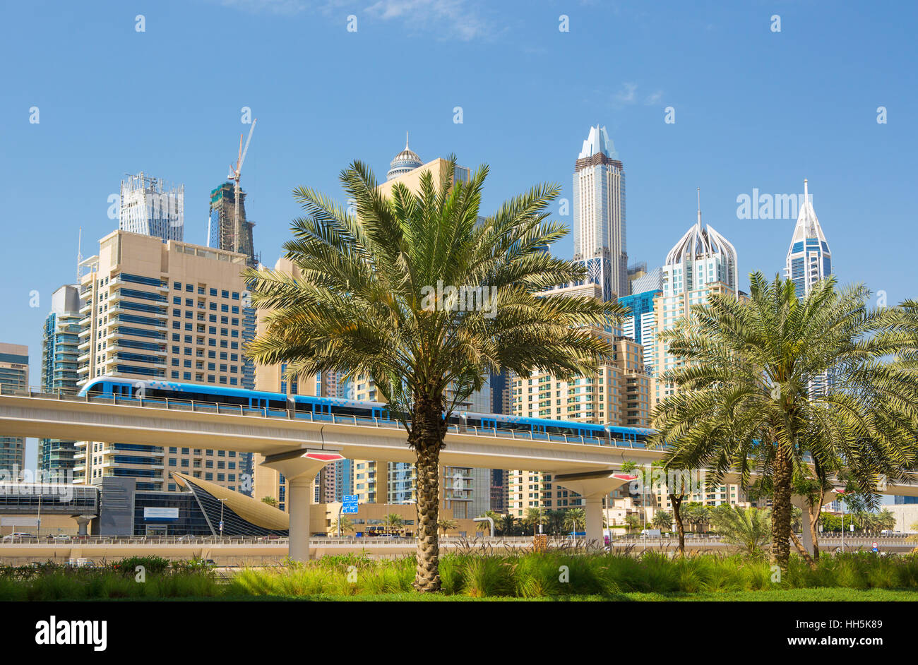 Dubai Marina with luxury skyscrapers and fully automated metro,United Arab Emirates Stock Photo