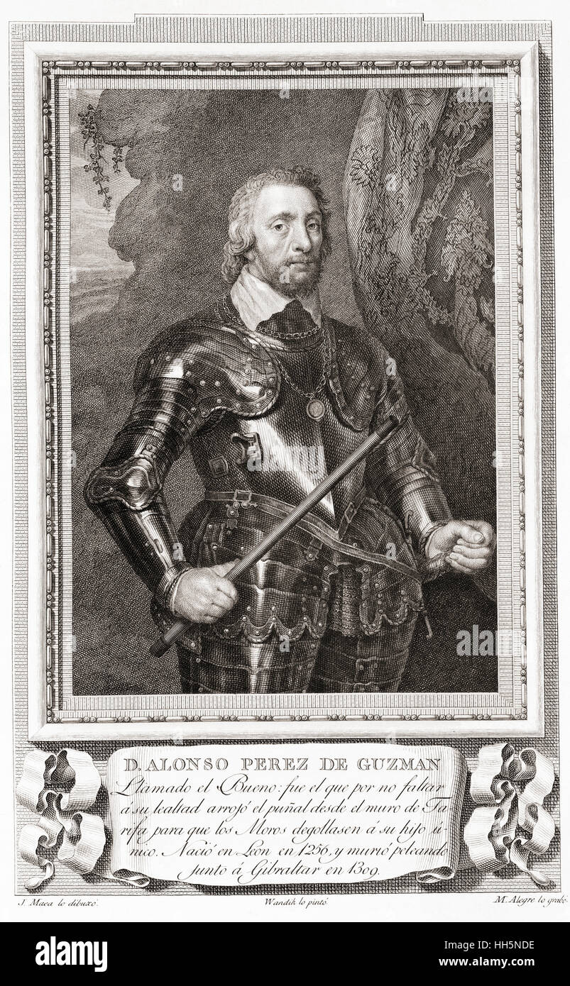 Alonso Pérez de Guzmán, 1256–1309, aka Guzmán el Bueno.  Spanish nobleman and hero of Spain during the medieval period.  After an etching in Retratos de Los Españoles Ilustres, published Madrid, 1791 Stock Photo