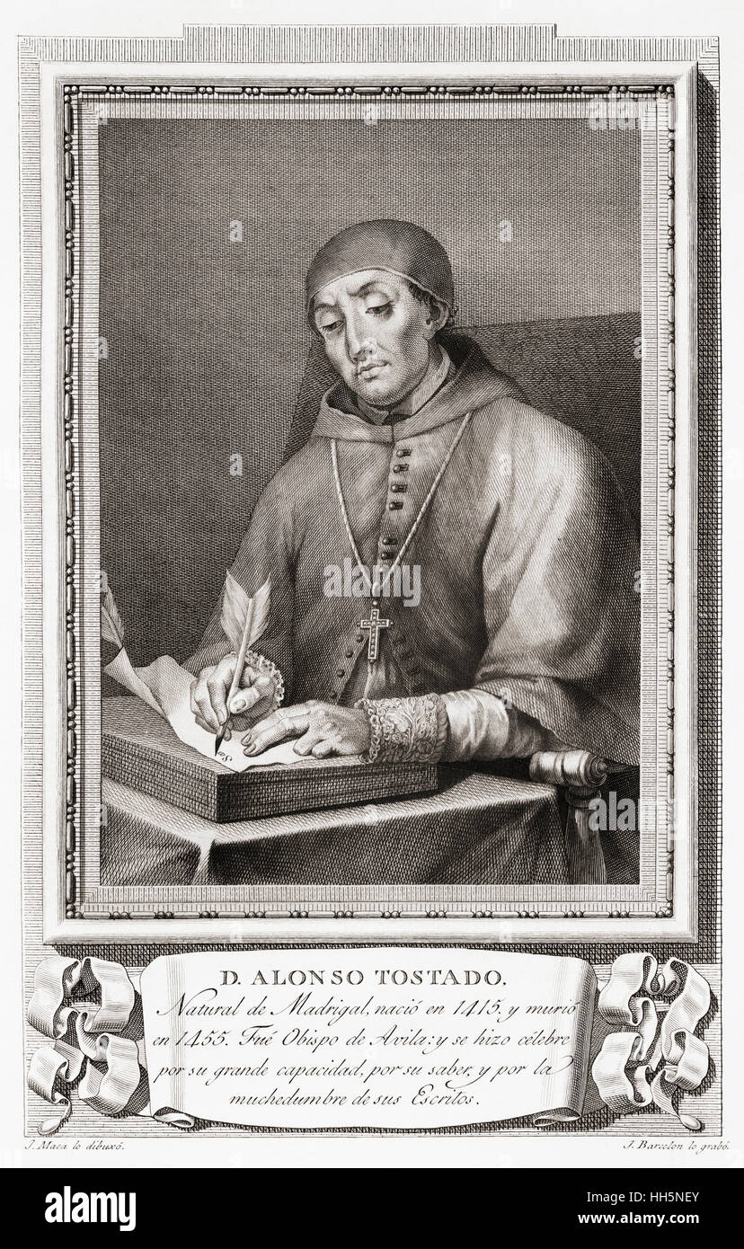 Alonso Tostado known in Latin as Tostatus Abulensis ("Tostado from Ávila"), Dominus Abulensis ("the Master from Avila"), or simply Abulensis, ca 1400 – 1455.  Spanish exegete and bishop of Ávila, whose real name was Alonso Fernández de Madrigal.  After an etching in Retratos de Los Españoles Ilustres, published Madrid, 1791 Stock Photo