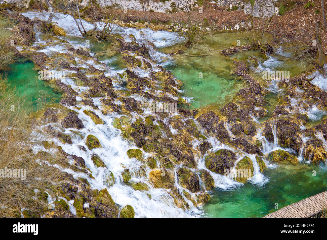 Plitvice lakes national park cascades aerial view, Croatia Stock Photo