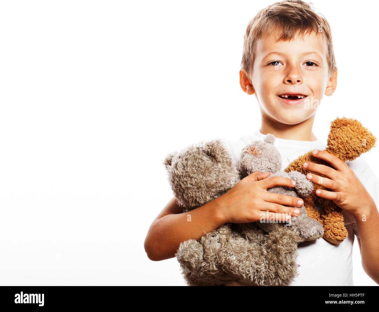 little cute boy with many teddy bears hugging isolated close up Stock ...