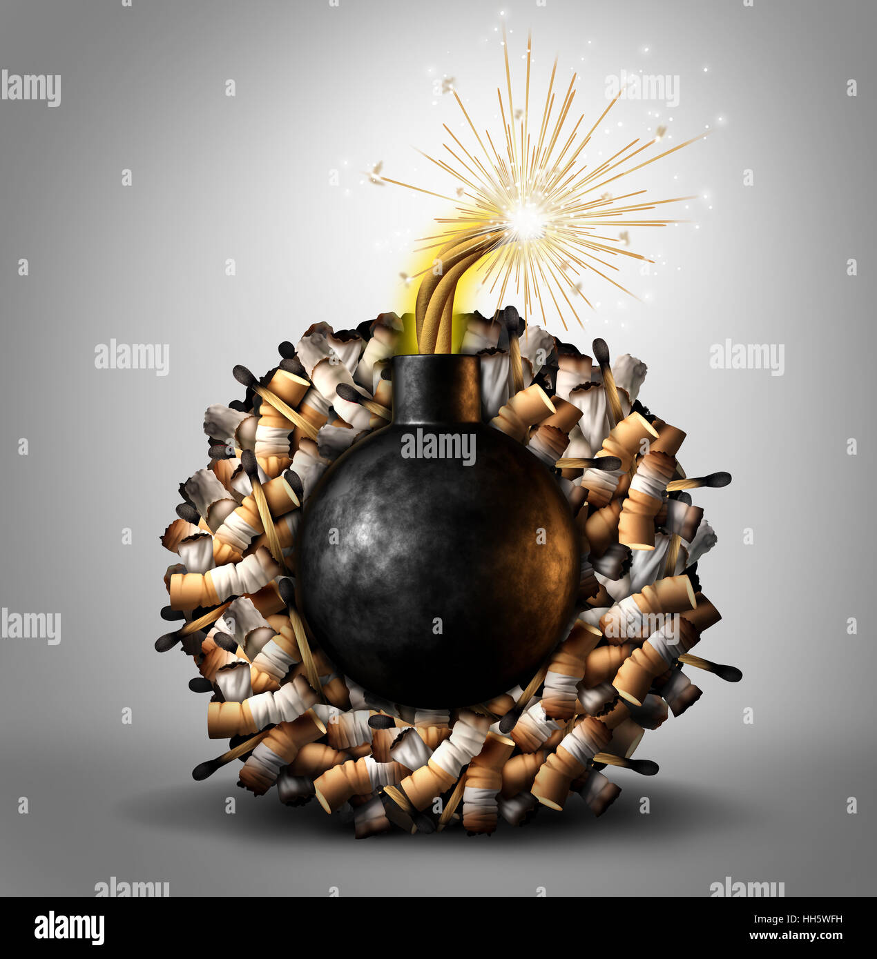 Smoking time bomb danger concept as a group of cigarette and matches burning with a lit explosive inside as a metaphor causing lung cancer and lethal Stock Photo