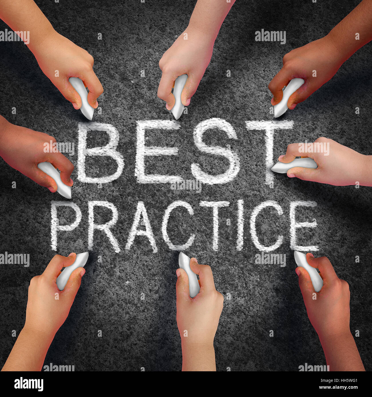 Best practice business concept as a group of hands drawing text on an asphalt street as a development metaphor for excellence in method in a 3D illust Stock Photo