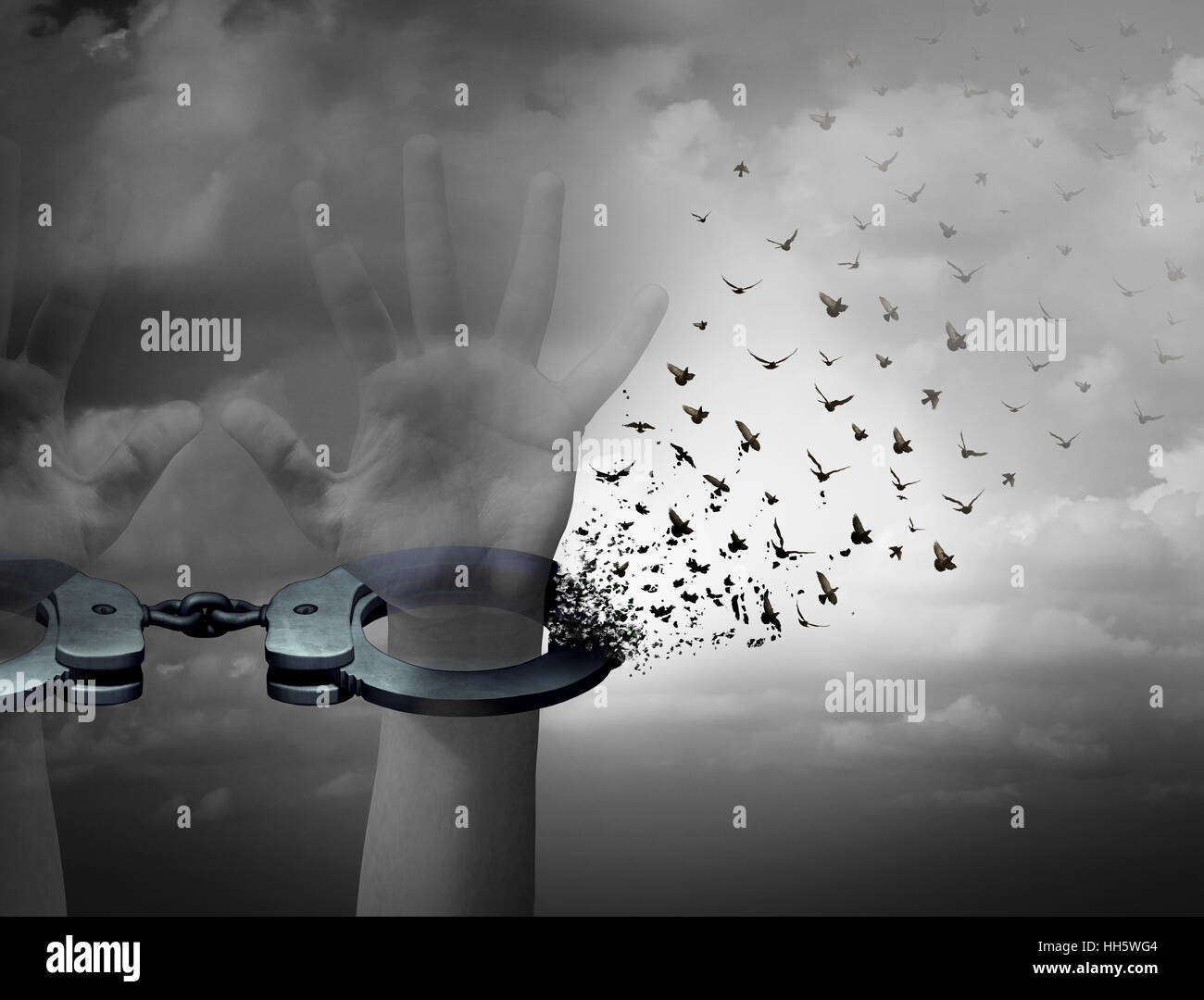 Free from shackles freedom concept and redemption symbol as human hands in opening handcuffs being transformed into flying birds as a deliverance and Stock Photo