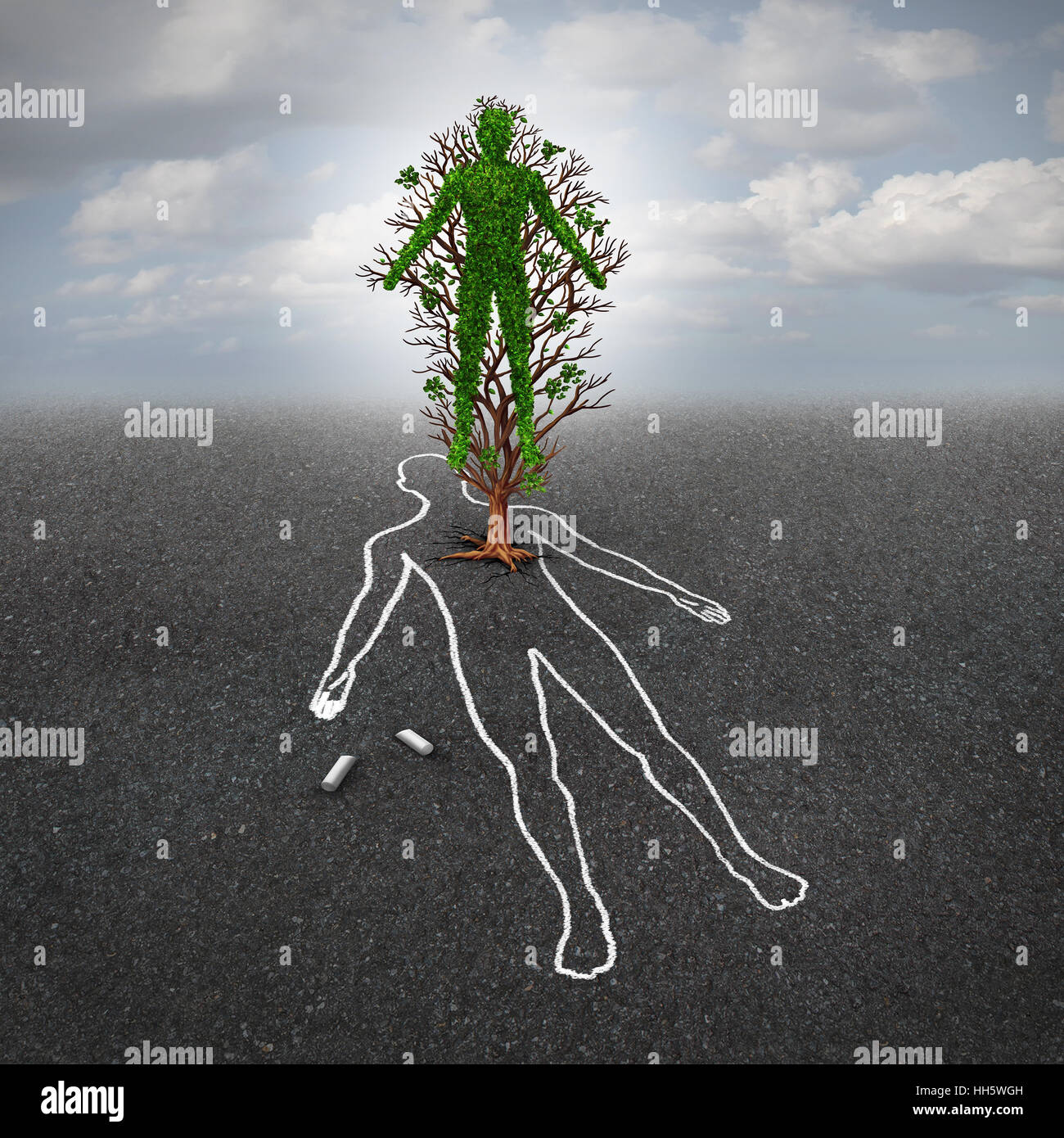 Life after death concept and afterlife symbol or renewal hope metaphor as a tree shaped as a human growing from an asphalt floor with a chalk drawing Stock Photo