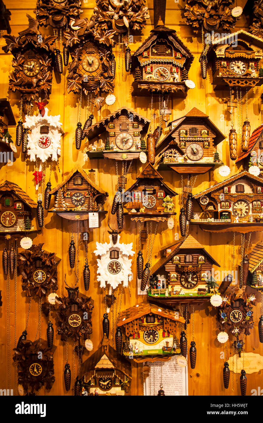 A wall of Swiss clocks at clockmaking shop in Montville, Queensland Stock Photo