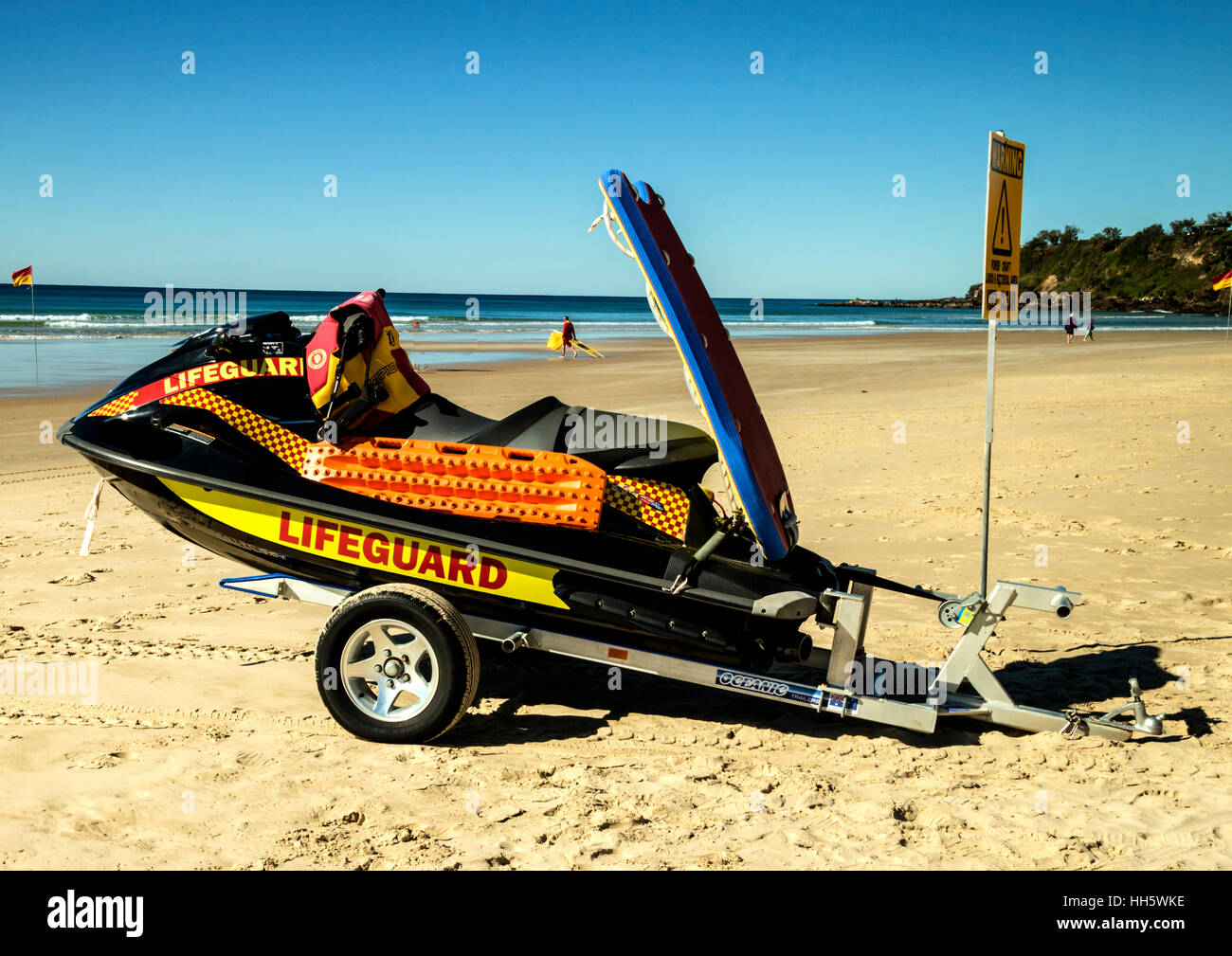 Lifeguard rescue boat on standby at Coolum beach Stock Photo