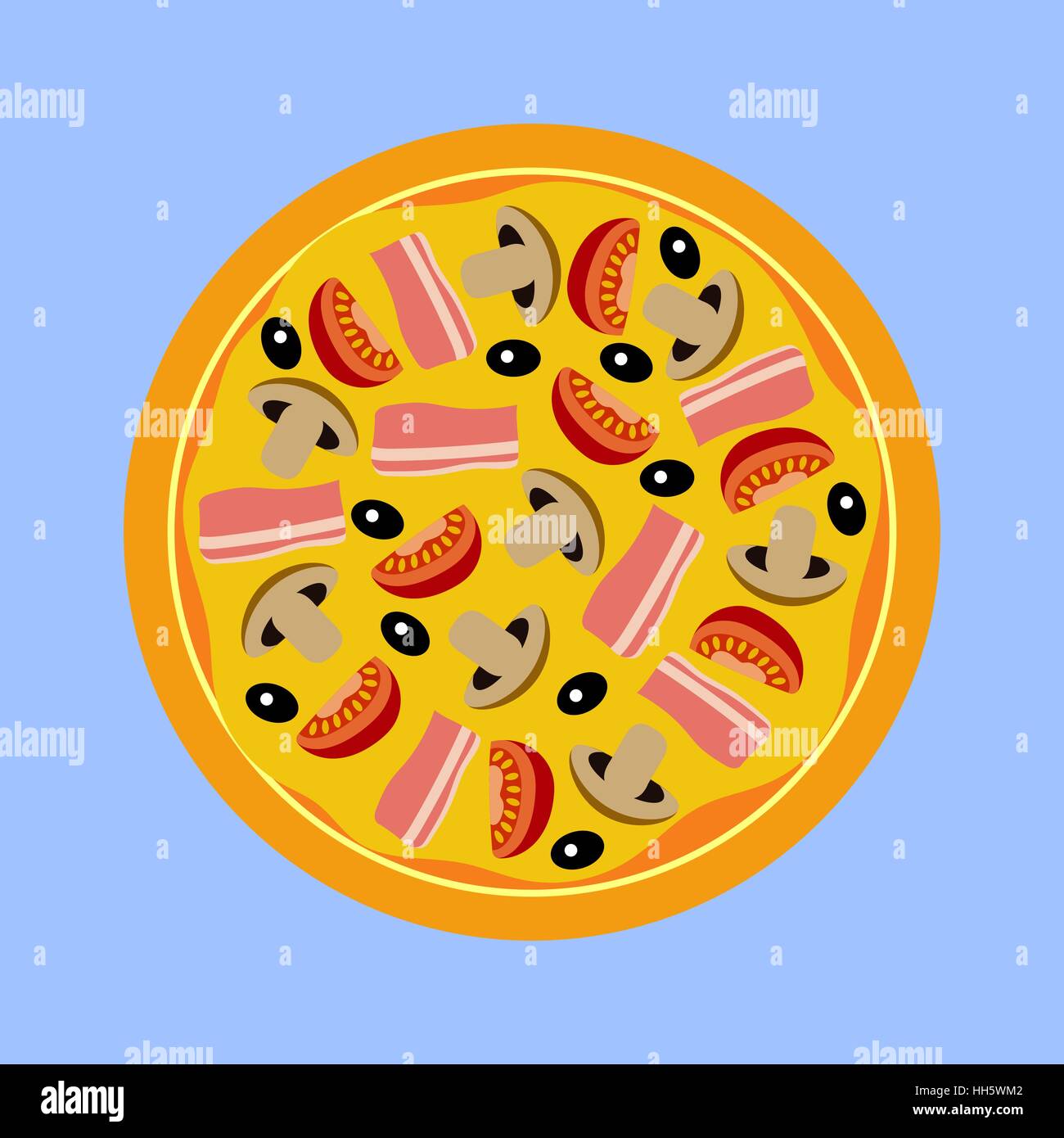 Assorted pizza with mushrooms, tomatoes, olives and meat Stock Vector