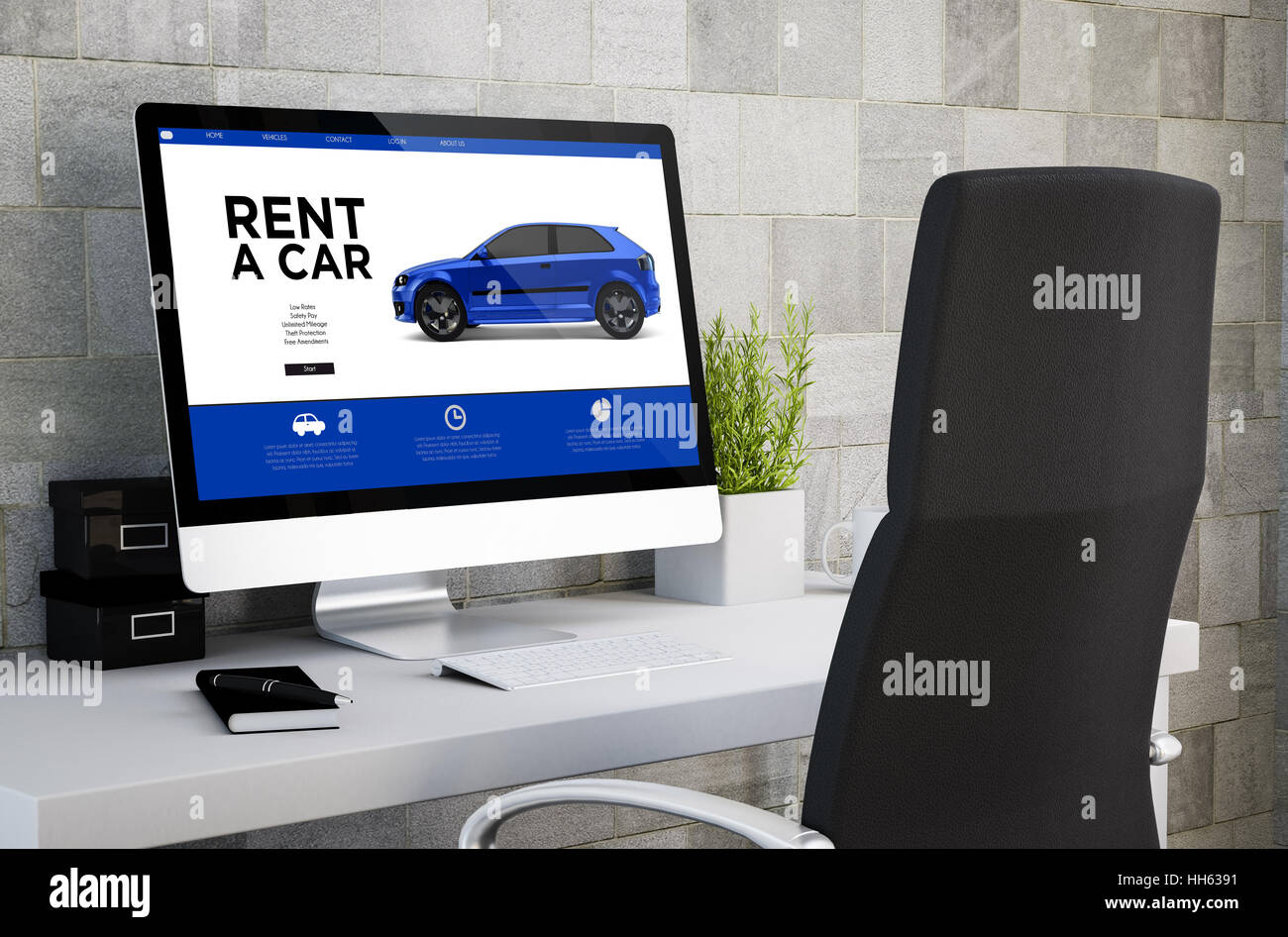 3d rendering of industrial workspace showing rent a car on computer screen. All screen graphics