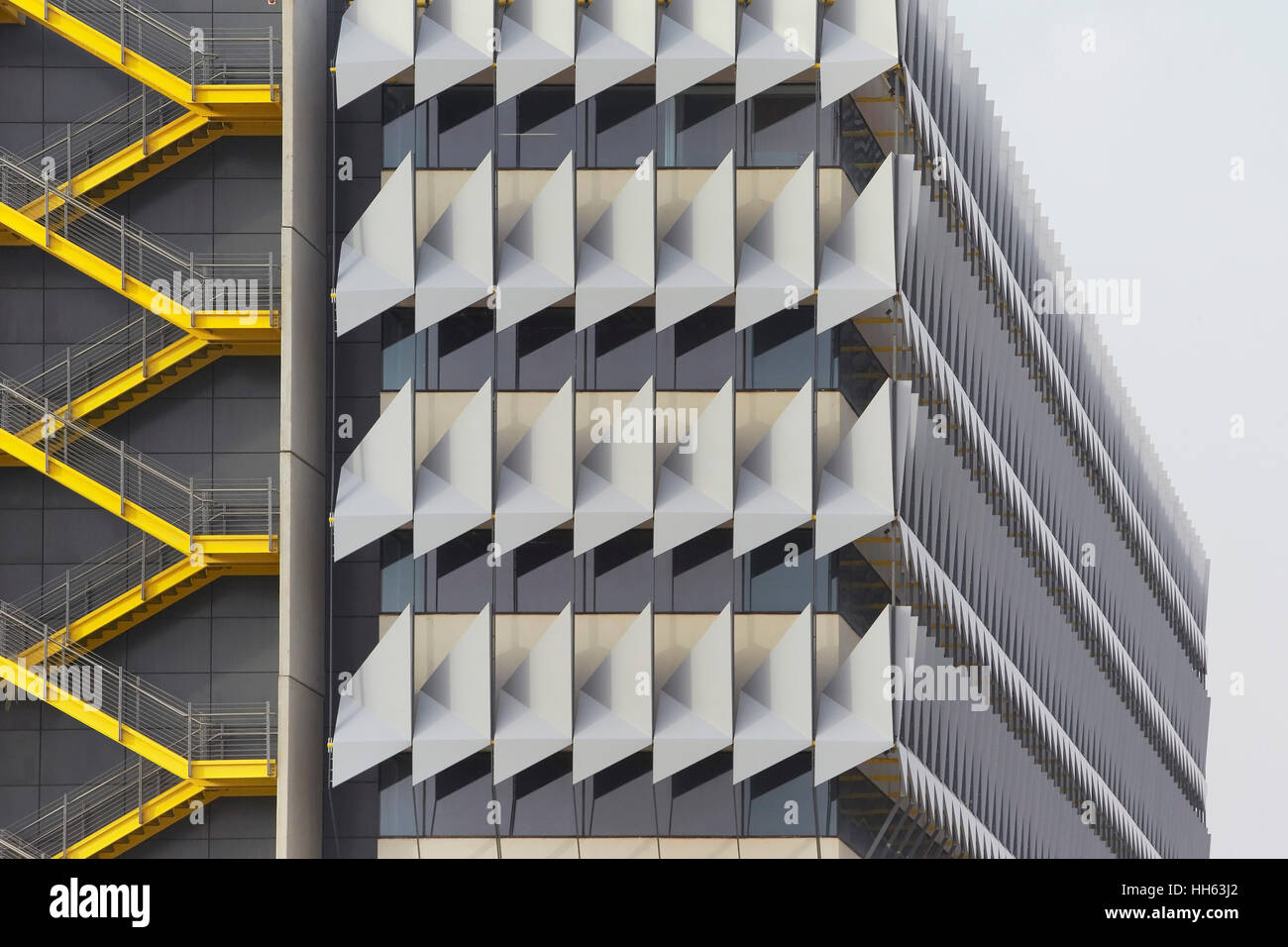 Aluminium sun shading system and stairways of exterior facade. Siemens
