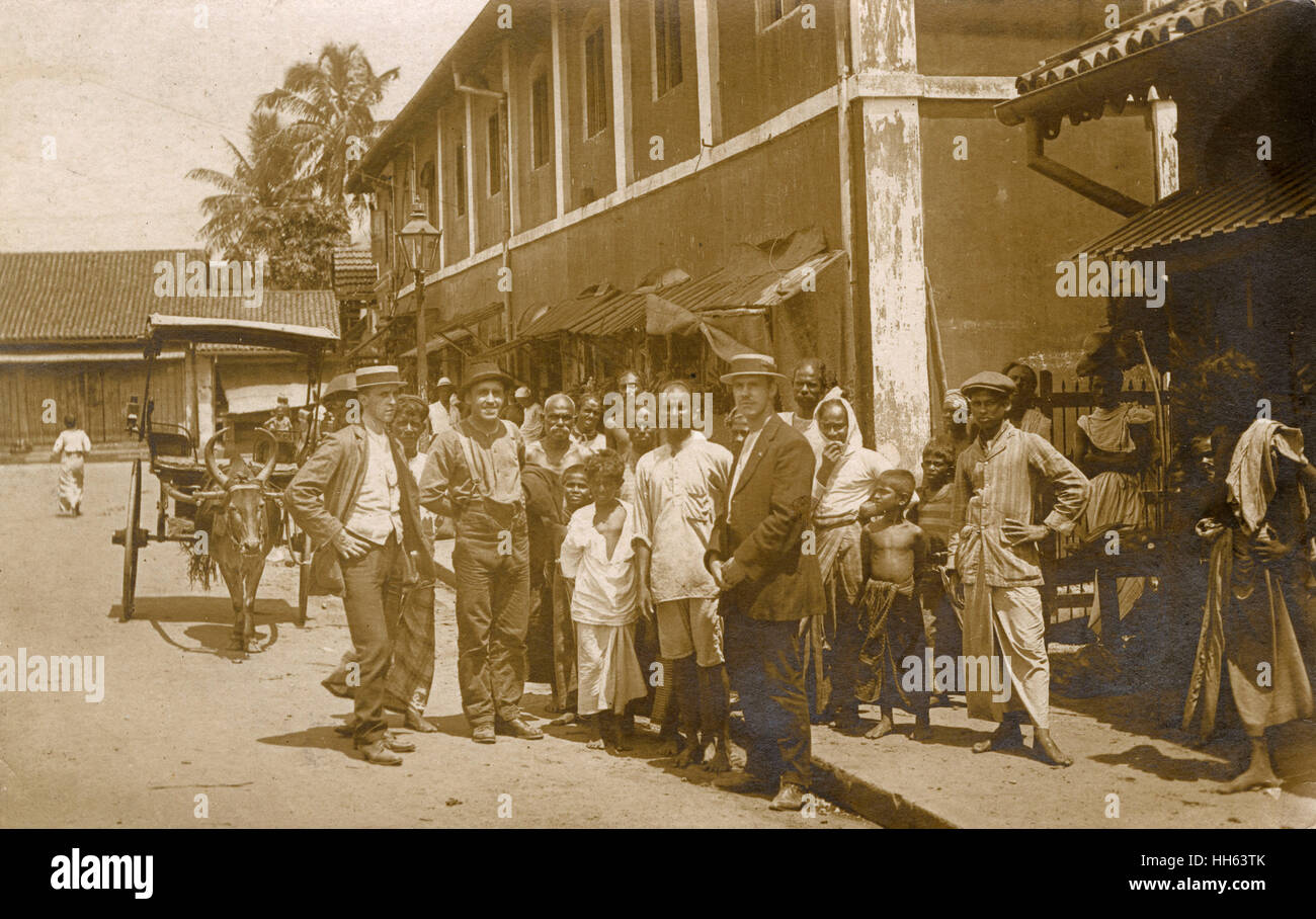 Street scene with bullock taxi, Ceylon (Sri Lanka) Stock Photo