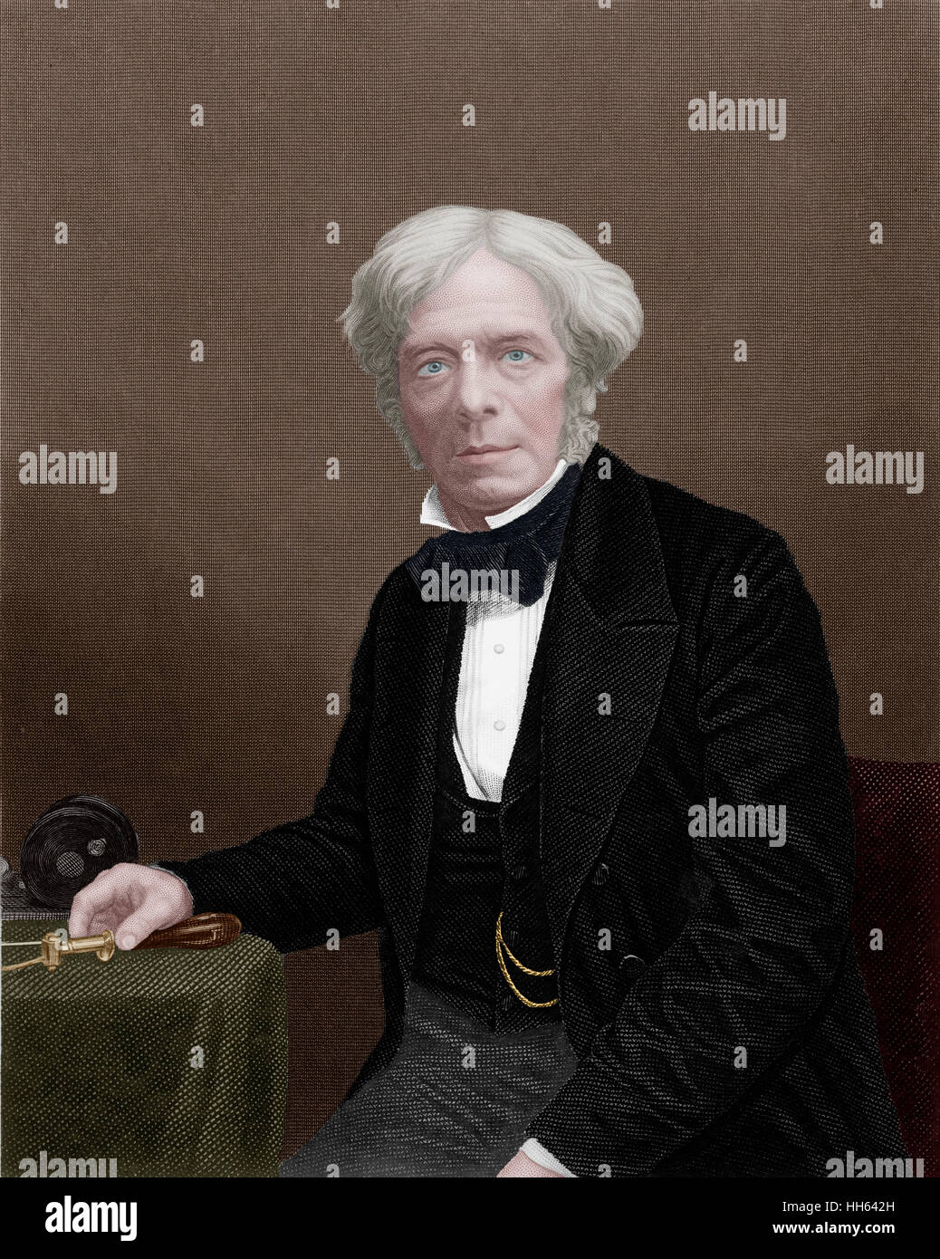 Michael Faraday (1791-1867) - English scientist - contributed to the study of electromagnetism and electrochemistry. His discoveries included the principles underlying electromagnetic induction, diamagnetism and electrolysis. Stock Photo