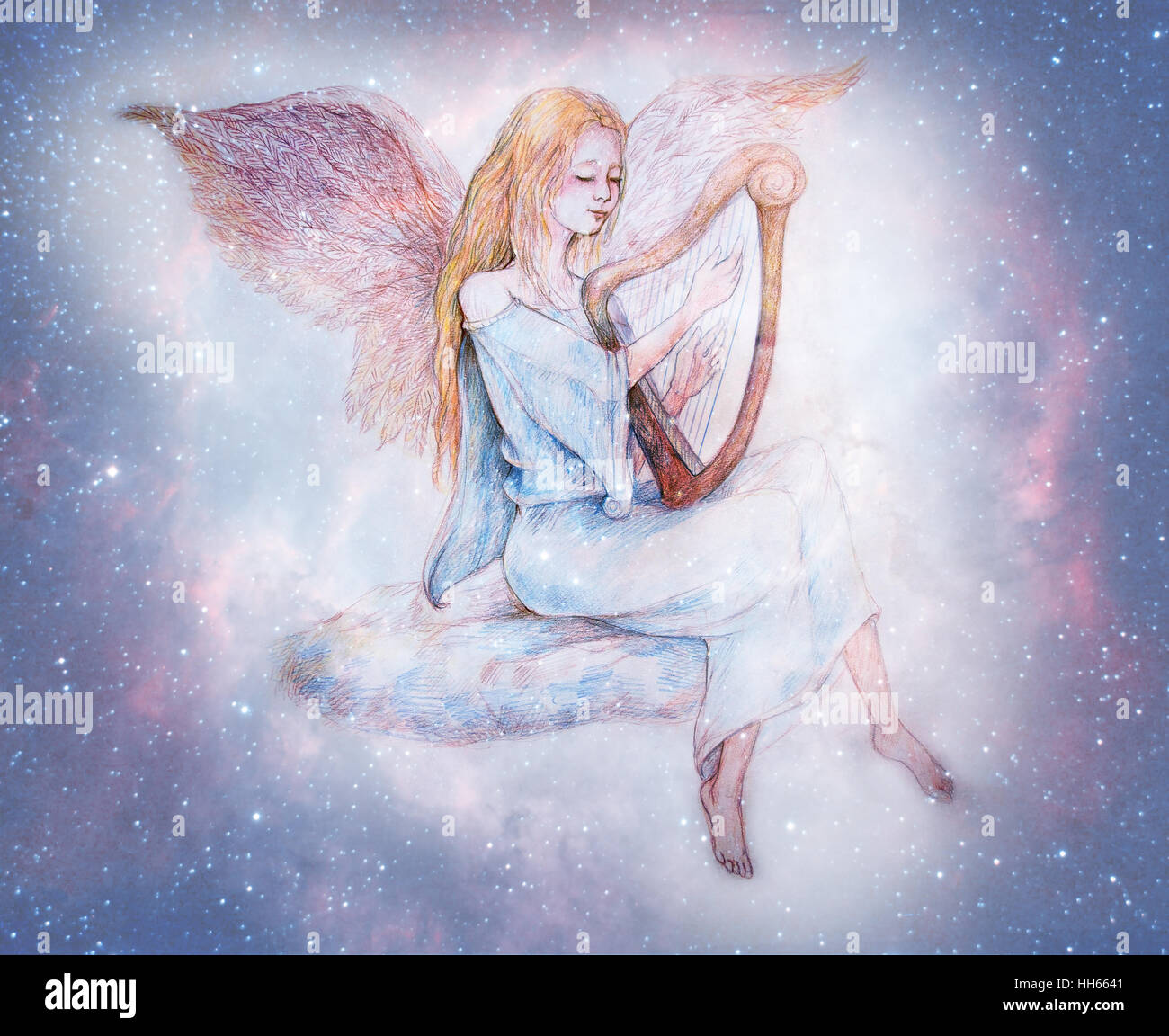 beautiful gentle angel playing harp sitting on cloud, surrounded with