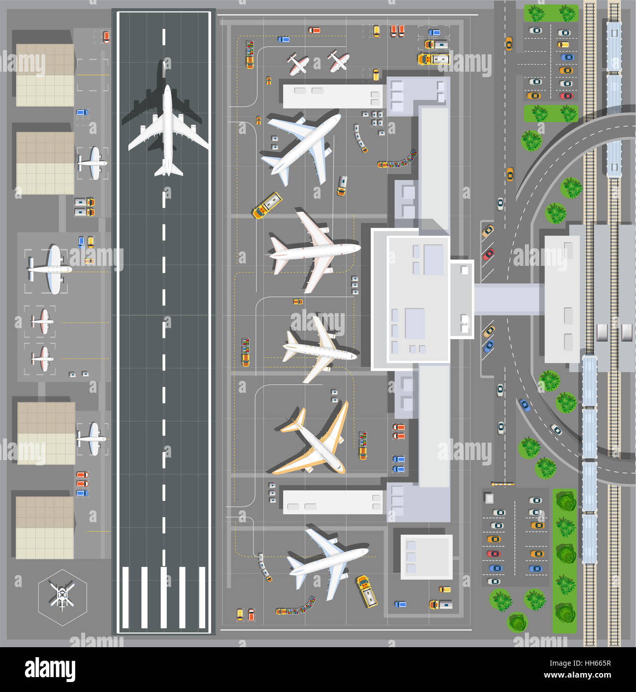 Airport passenger terminal top view. The runway of the aircraft. Buildings  hangar for airplanes and helicopter landing pad. Railway station with train  Stock Photo - Alamy