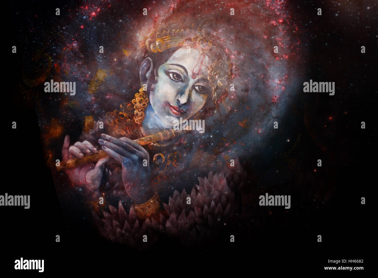 Lord Krishna playing his flute in space, colorful painting collage