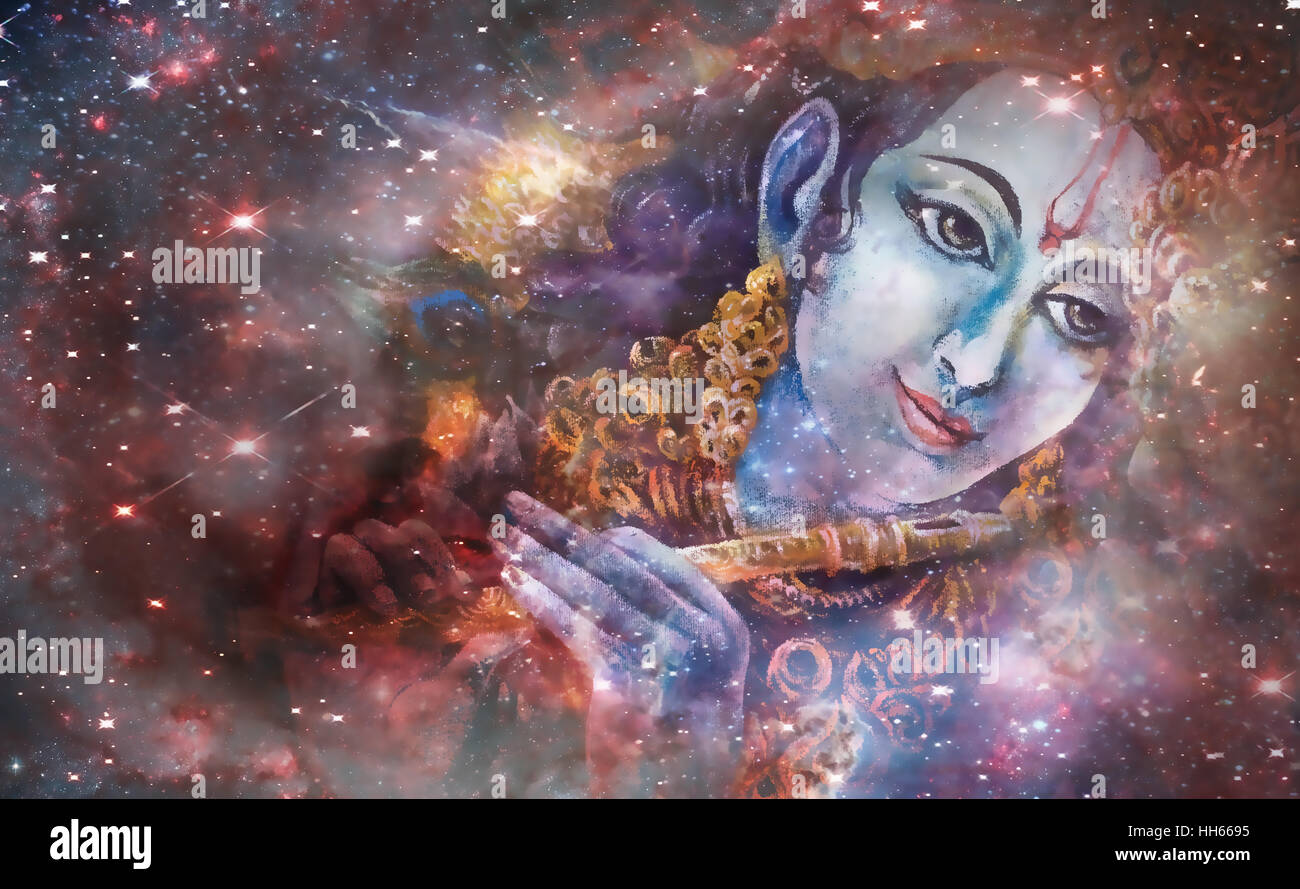 Lord Krishna playing his flute in space, colorful painting collage
