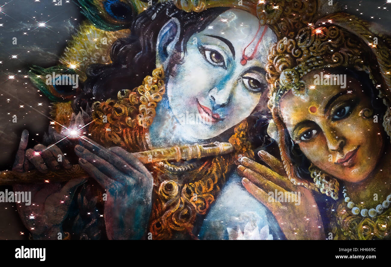Krishna and Radha, beautiful hindu divine couple, painting collage. Stock Photo