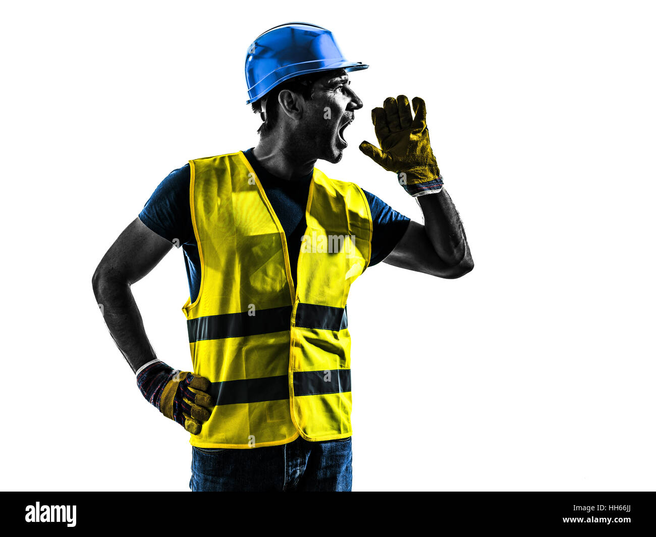 one construction worker screaming with safety vest silhouette isolated in white background Stock Photo